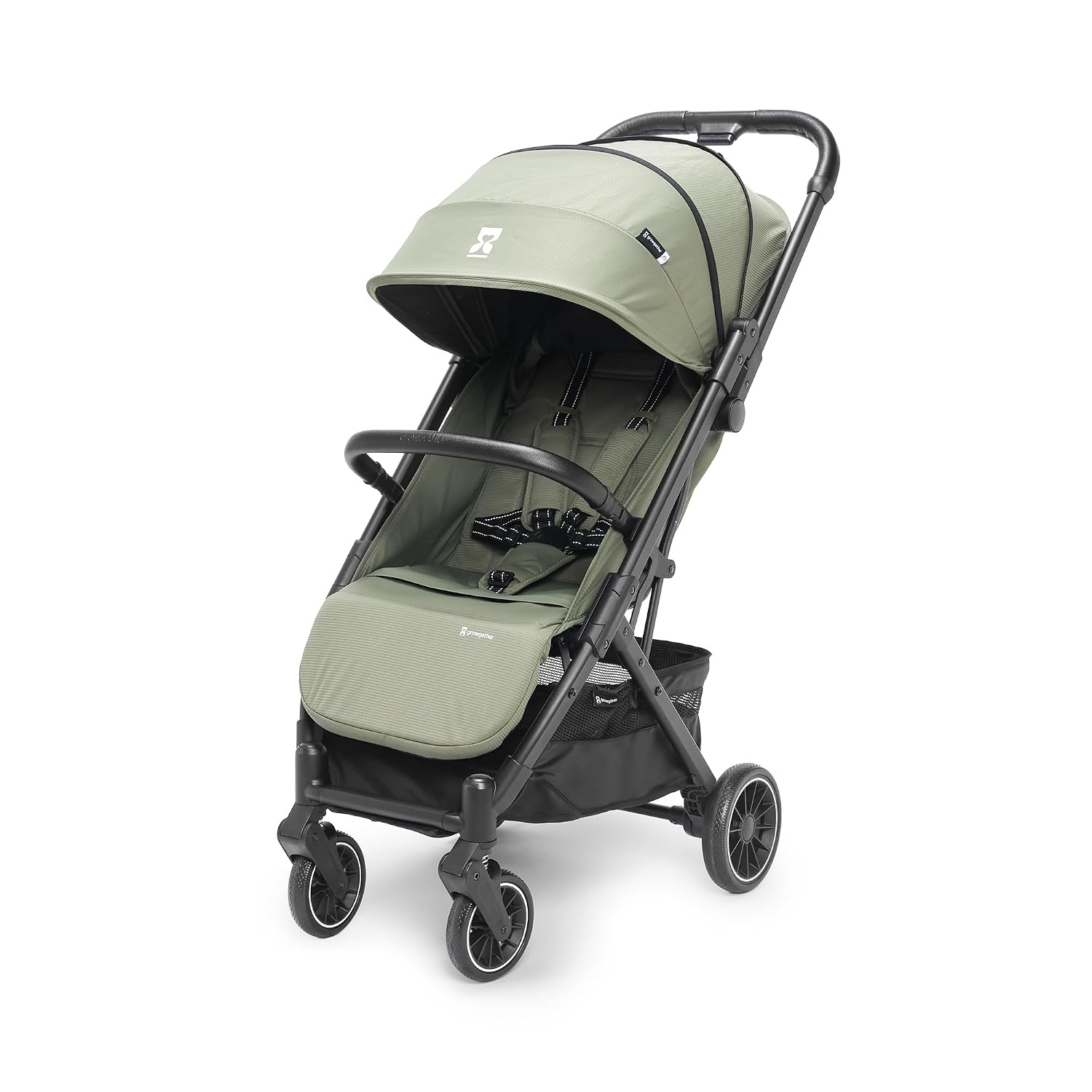Growgether VELOX Cabin Size Fit Stroller for Baby 0-3 Years (Up to 22 Kg), Travel Ready Size 5 Point Safety Harness, Full Recline, Extended UPF 50+ Canopy, 360° Swivel Wheels, Compact One Click Fold, Mosquito Net, 1 Yr Warranty, Green