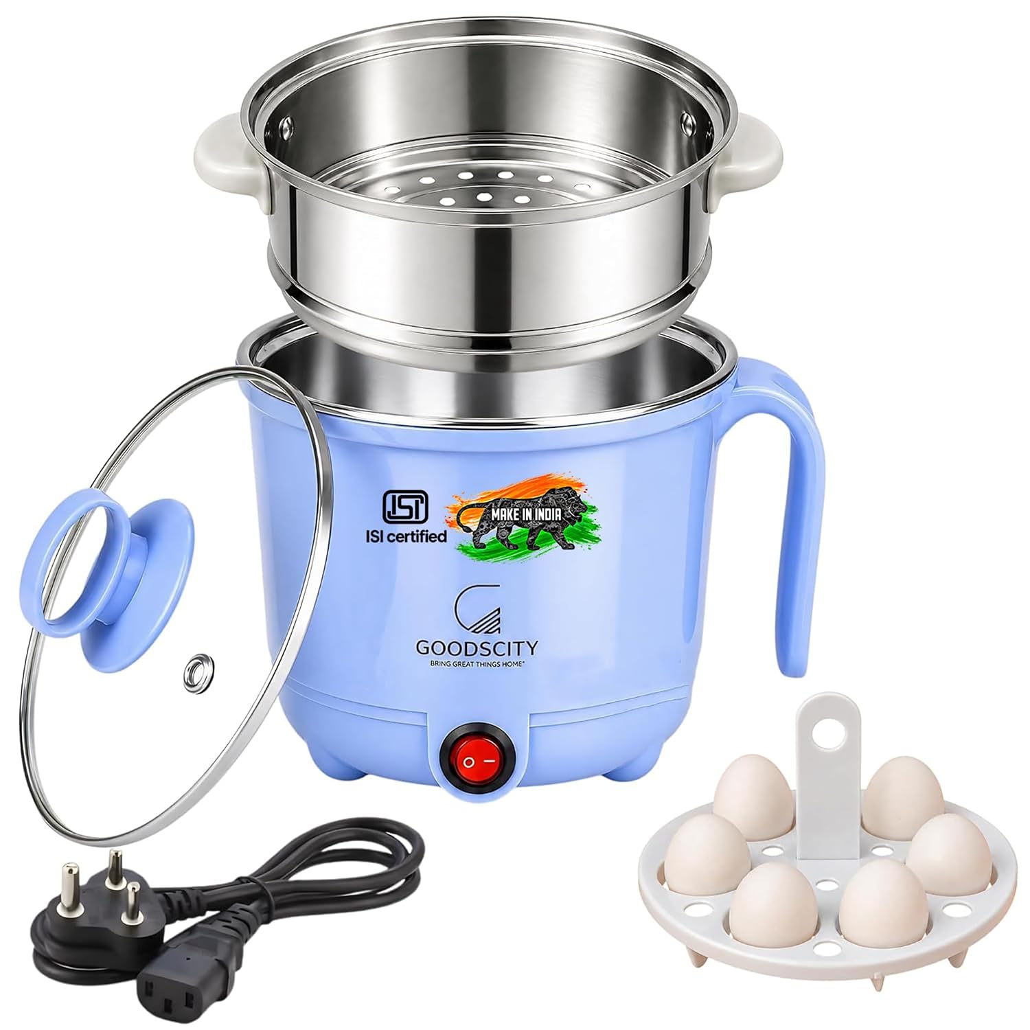 GOODSCITY Electric 3-in-1 Multipurpose Kettle 1.5L | Stainless Steel Pot with Steamer & Egg Tray | 600W Multi Cooker Electric Kettle, Steam & Boil Veggies, Tea, Coffee, Baby food | 1 Year Warranty
