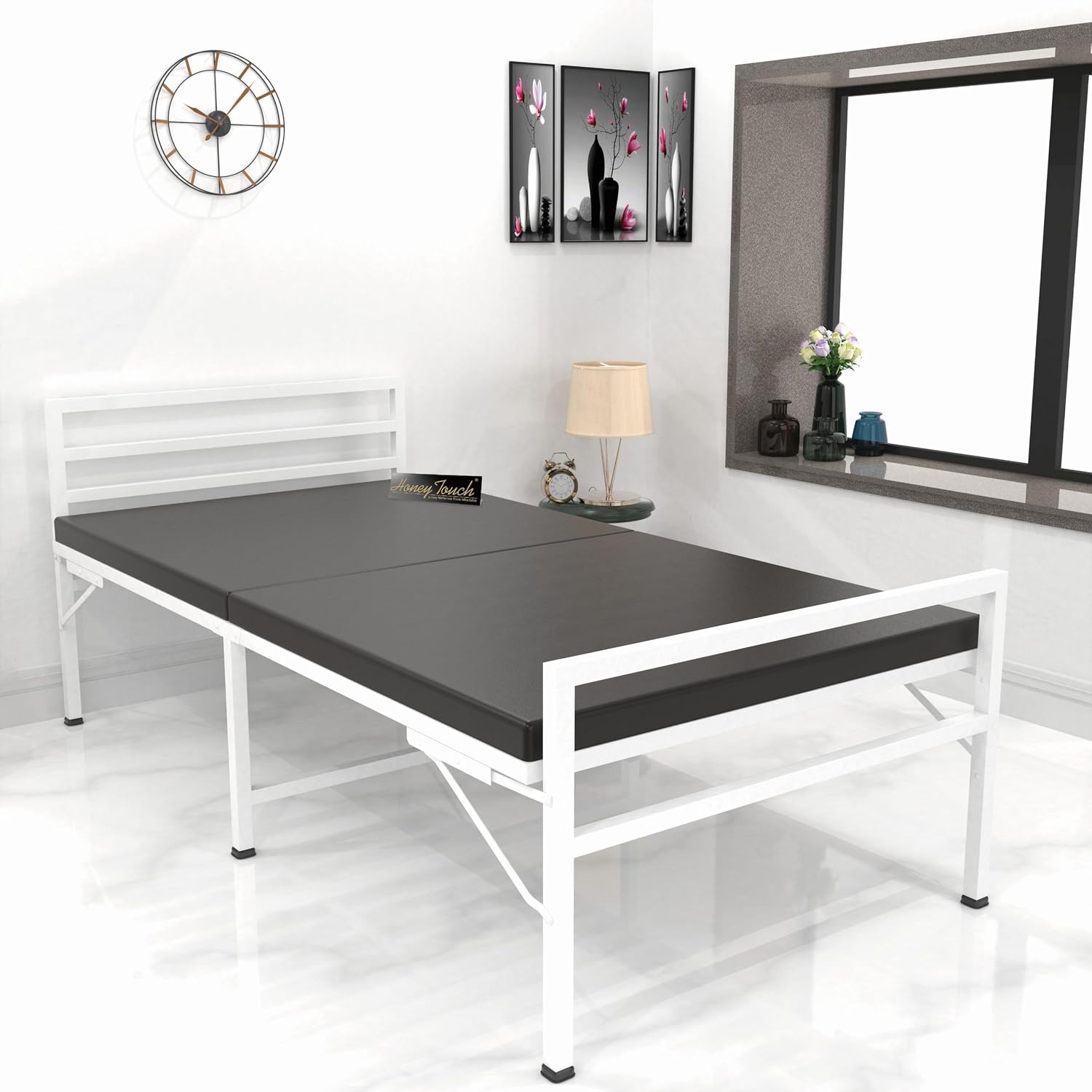 Honey Touch Jasper Single Folding Bed with Double Layer Mattress | No Assembly Required | Foldable Bed for Sleeping/Guests/Rented Apartments/Bedroom (3ft x 6ft, White)