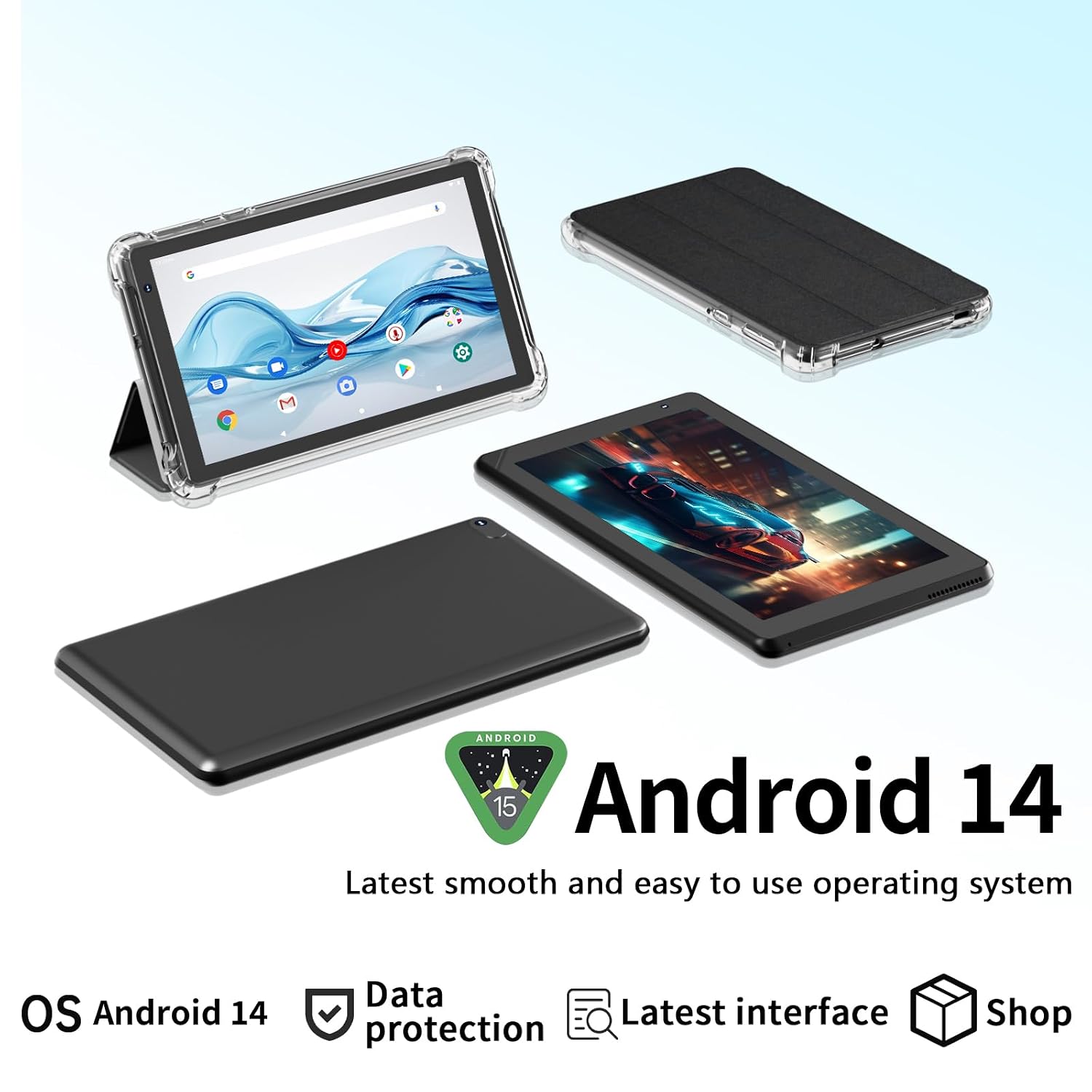 IWEGGO Android 14 Tablet with Case 7″ 8GB RAM + 32GB ROM/1TB Expandable Computer 5MP Camera Tablet 1.6Ghz Quad Core Processor 3000mAH Battery Tablet PC 5G WiFi Game 7″ Android Laptop Black