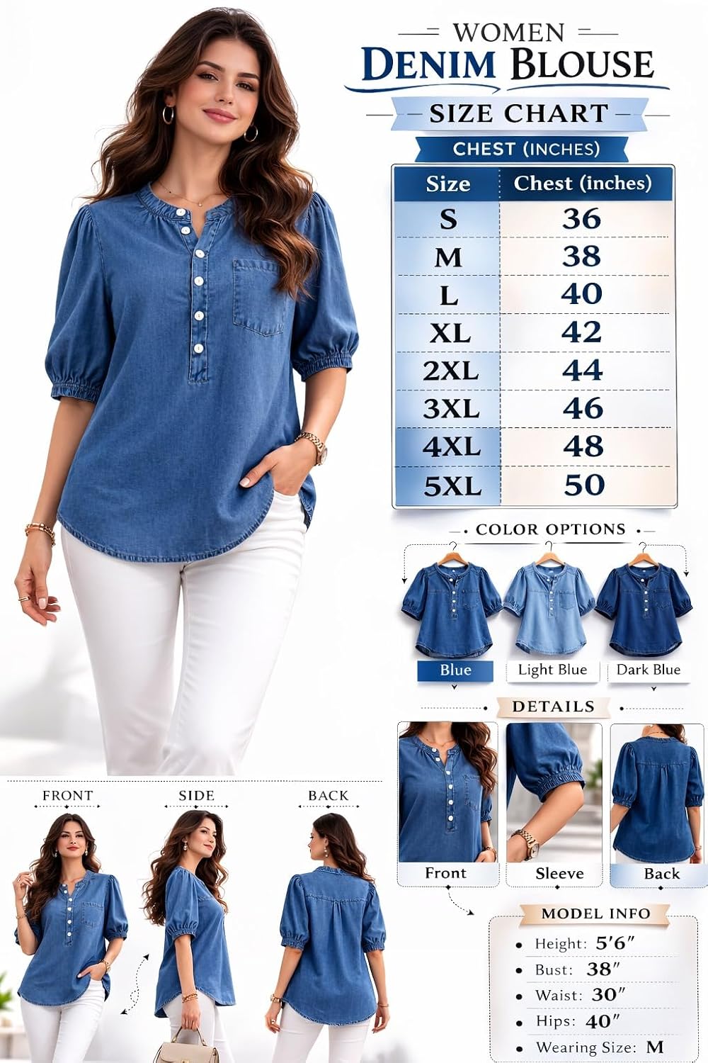 Women’s Denim Shirt, Blue, Puff Sleeve, Breeze Top Button Front, Casual Top