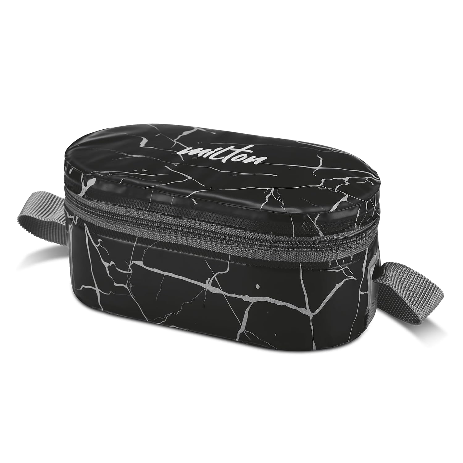 MILTON Executive Lunch Box with Steel Cutlery, 2 Inner Steel Round Containers 280ml Each & 1 Microwave Safe Oval Plastic Container 450ml, Insulated Bag, Leakproof Office Tiffin, Easy to Carry, Black