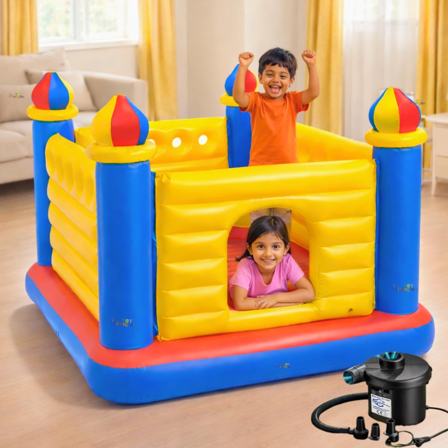 Toy Imagine™ Playhouse Inflatable Soft Floor Bounce Jump-O-Lene Bouncer and Castle Ball Pit for 3-6 yrs, with Pump Multicolor