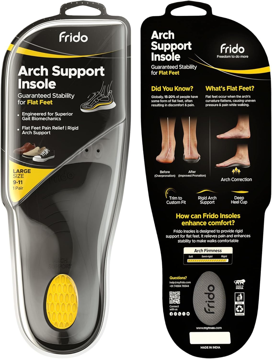 Frido Rigid Arch Support Insole for Flat Feet | Relieves Feet Pain | Plantar Fasciitis & Heel Spurs | Orthotic Inserts for Enhanced Stability | Trimmable Shoe Inserts | Large 9-11 UK | Pack of 1