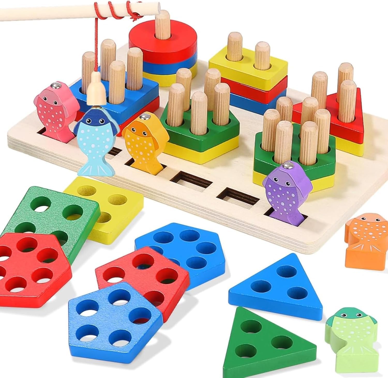 SHINETOY Wooden Fishing Column 2 in 1 6 Sets (Preschool Puzzle Game) Early Montessori Teaching aids 1 to 3 Years Geometric Shape Matching Building Blocks Fishing Game for Kids Education