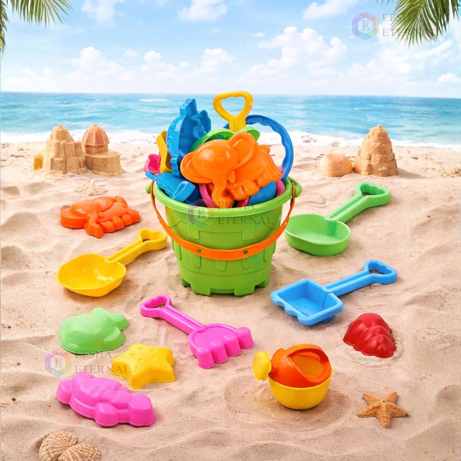 Kids Beach Sand Toy Set – Castle Bucket with Shovels, Rake & Sea Animal Moulds | Outdoor Summer Sand Play Kit for Toddlers