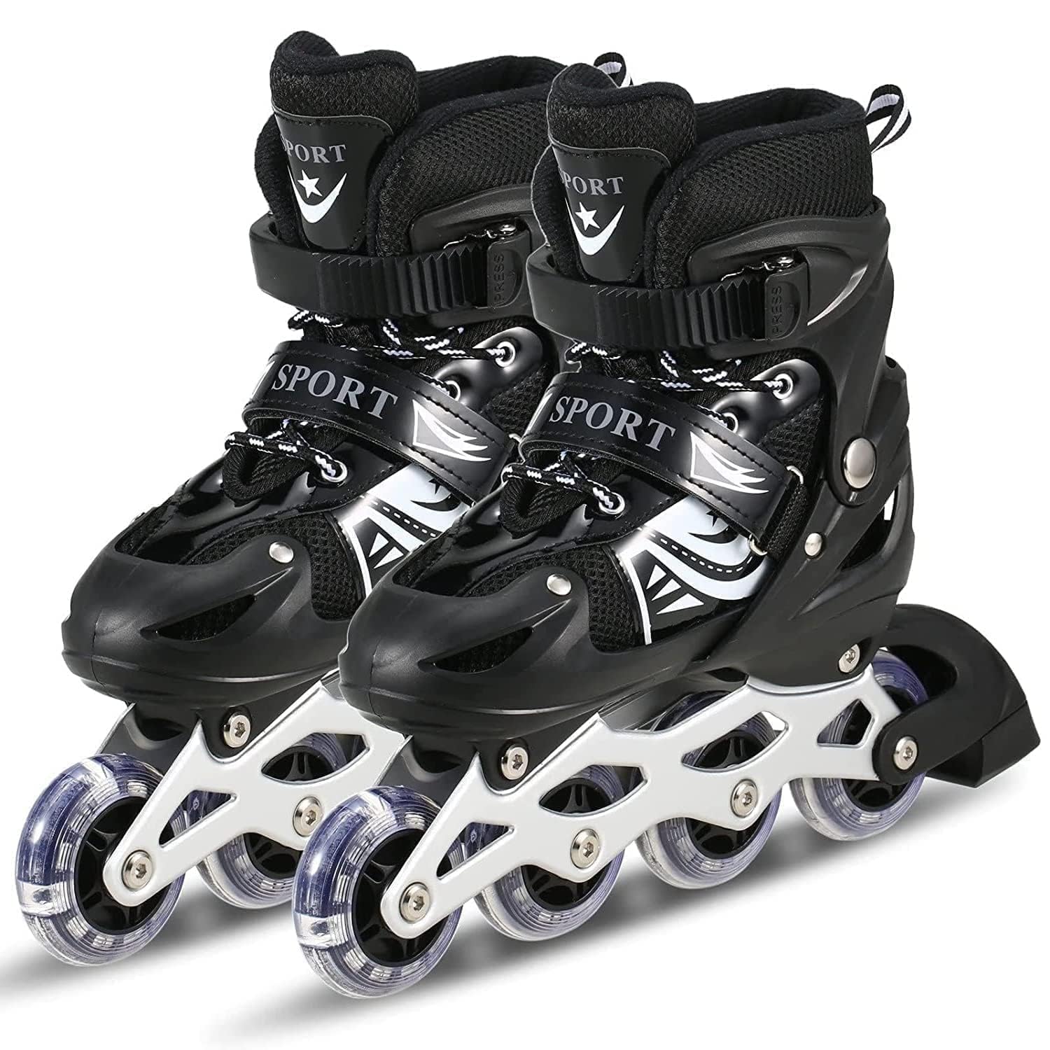 TEKCOOL 4 Wheels Adjustable Inline Skates Skating Shoes for Boys Kids Girls Skating Shoe Adjustable Roller Blades, Age 6 to 15 Years, PU Strong LED Flash Light on Wheels Aluminium, Black