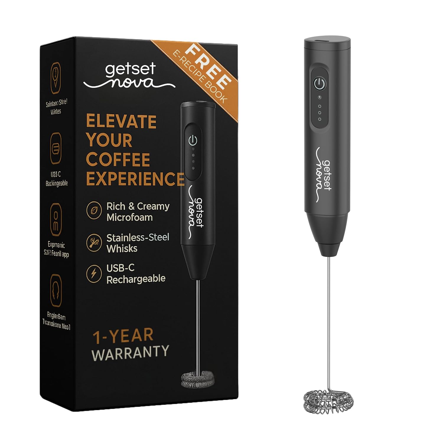 Nova Electric Milk Frother for Coffee – Rechargeable Coffee Frother, Beater, Blender & Mixer | Handheld Coffee Whisker for Cold Coffee, Latte & Cappuccino | Mini Coffee Maker Machine for Home (Black)