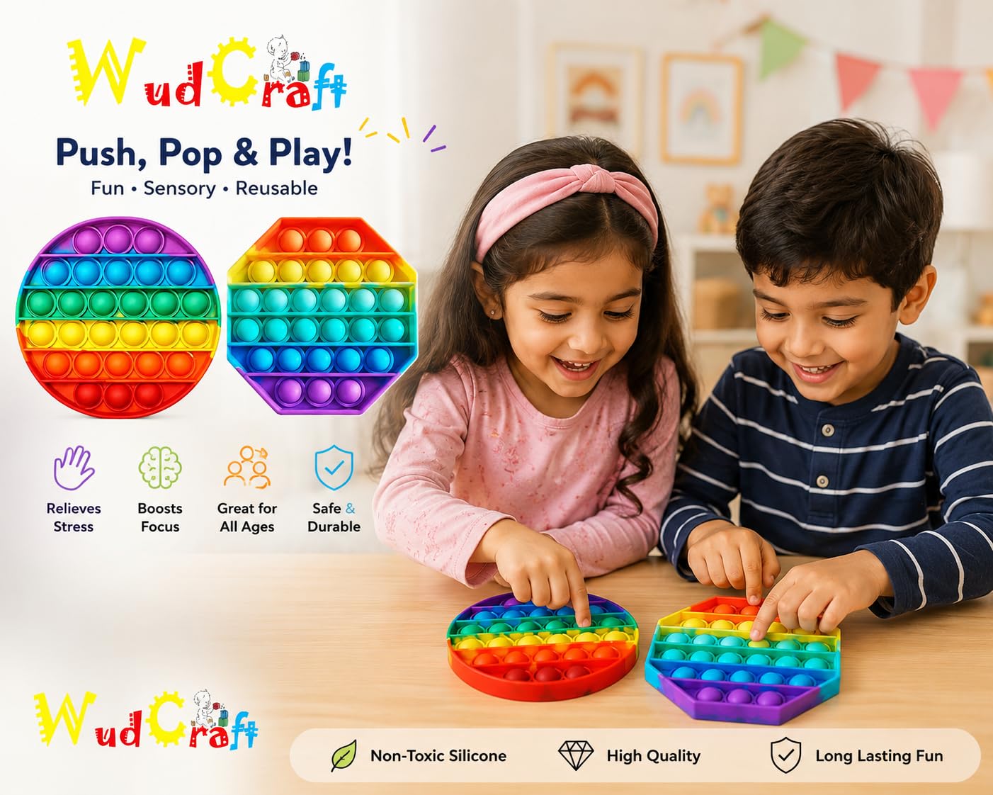 Pop It Fidget Toys, Push Pop Bubble Fidget Sensory Toy, Autism Special Needs Silicone Stress Relief Toy, Great Fidget Toy for Kids and Adults 2 Pcs (Random Shape)