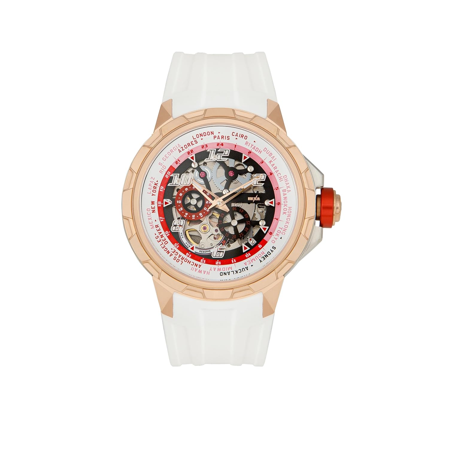 HEXA Atlas Automatic Mechanical Skeleton Chronograph Watch for Men | Miyota Japan Movement | Transparent Analog Dial | 42.5 mm Stainless Steel Case | White Silicone Strap | Sapphire Crystal | 5ATM Water Resistant Luxury Watch