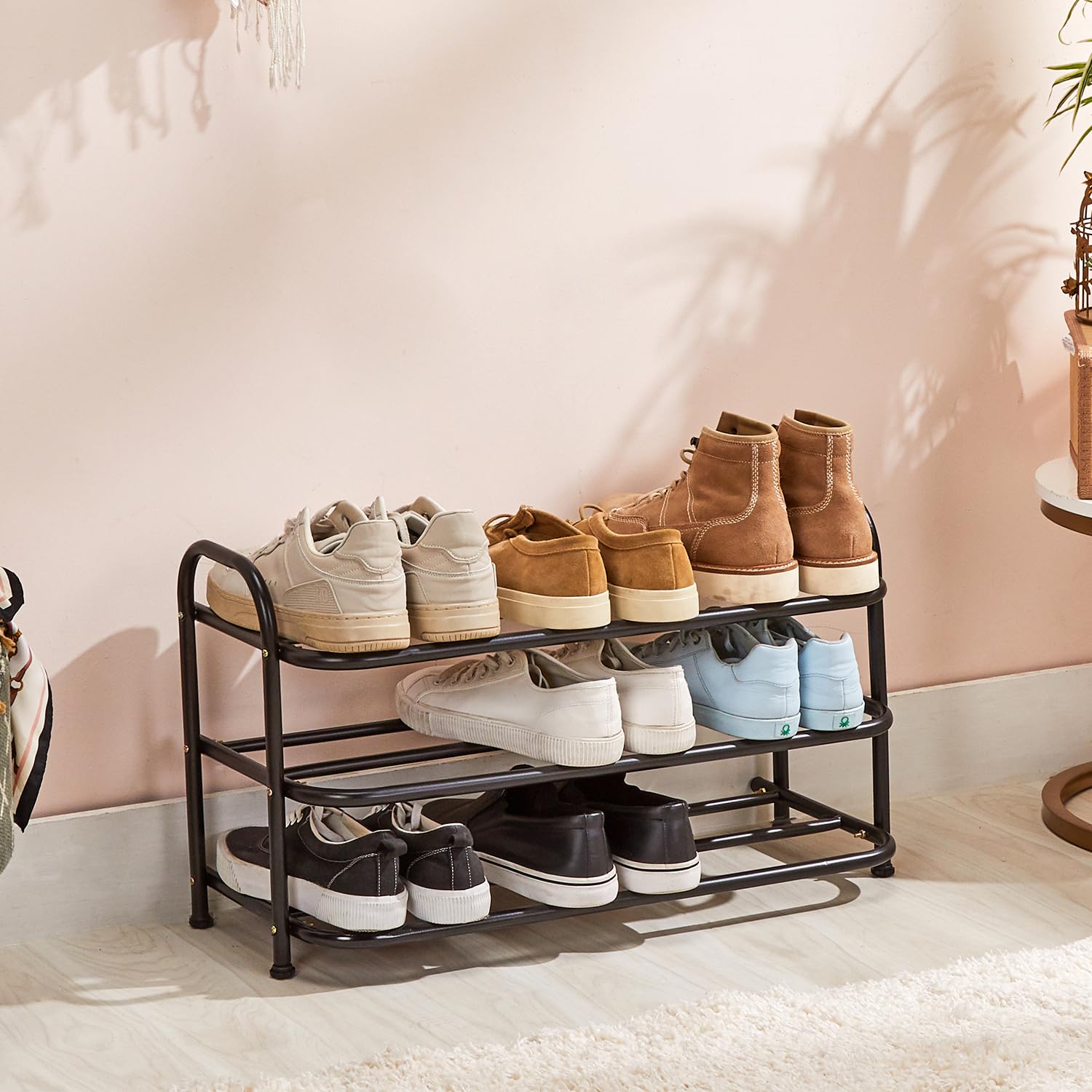 amazon basics -Multi Purpose Shoe Rack – Curve Model – 3 Layer (69.5W Cm X 28.5D Cm X 38.7H Cm) Black, Carbon Steel