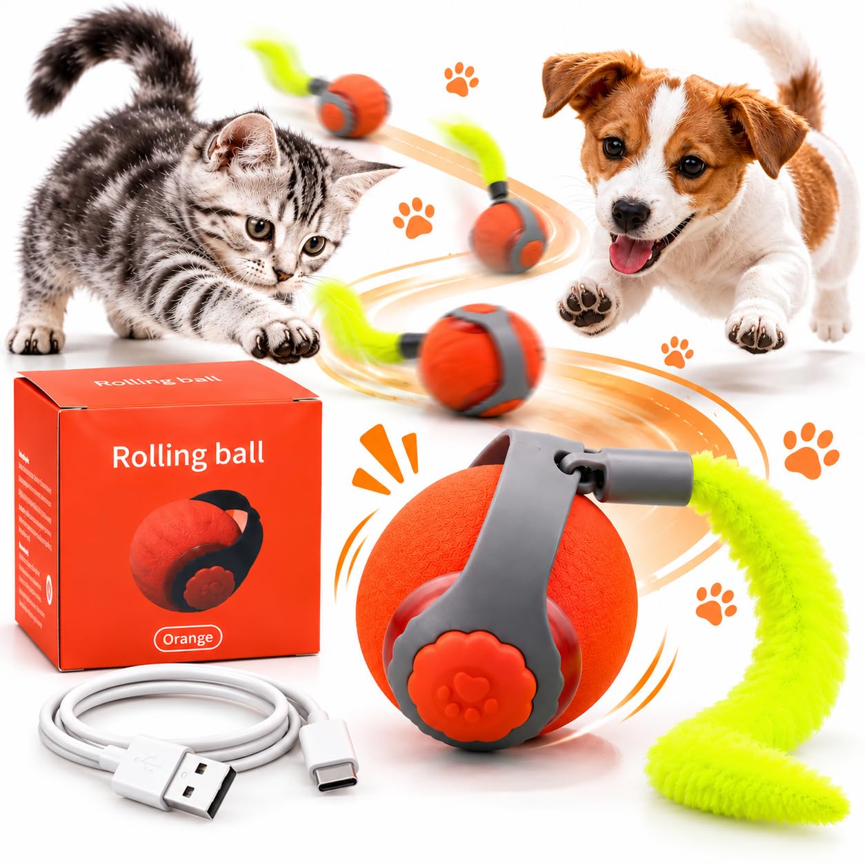 Smart Interactive Rolling Ball Dog Toy | Automatic 360° Moving Pet Toy with LED Lights and Teaser Rope | USB Rechargeable Exercise Toy Dogs & Cats (Multicolor) (CAT Ball)