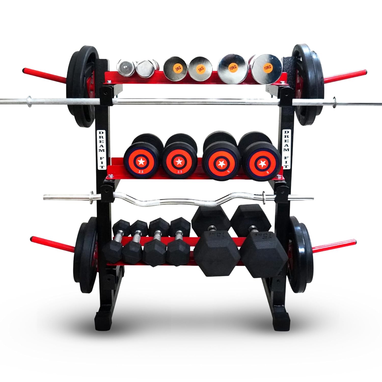 DREAM FIT 3in1 Storage Rack for home gym – 3-tier dummbbell rack: accomodates weights, barbells and dumbbells for home gym setup