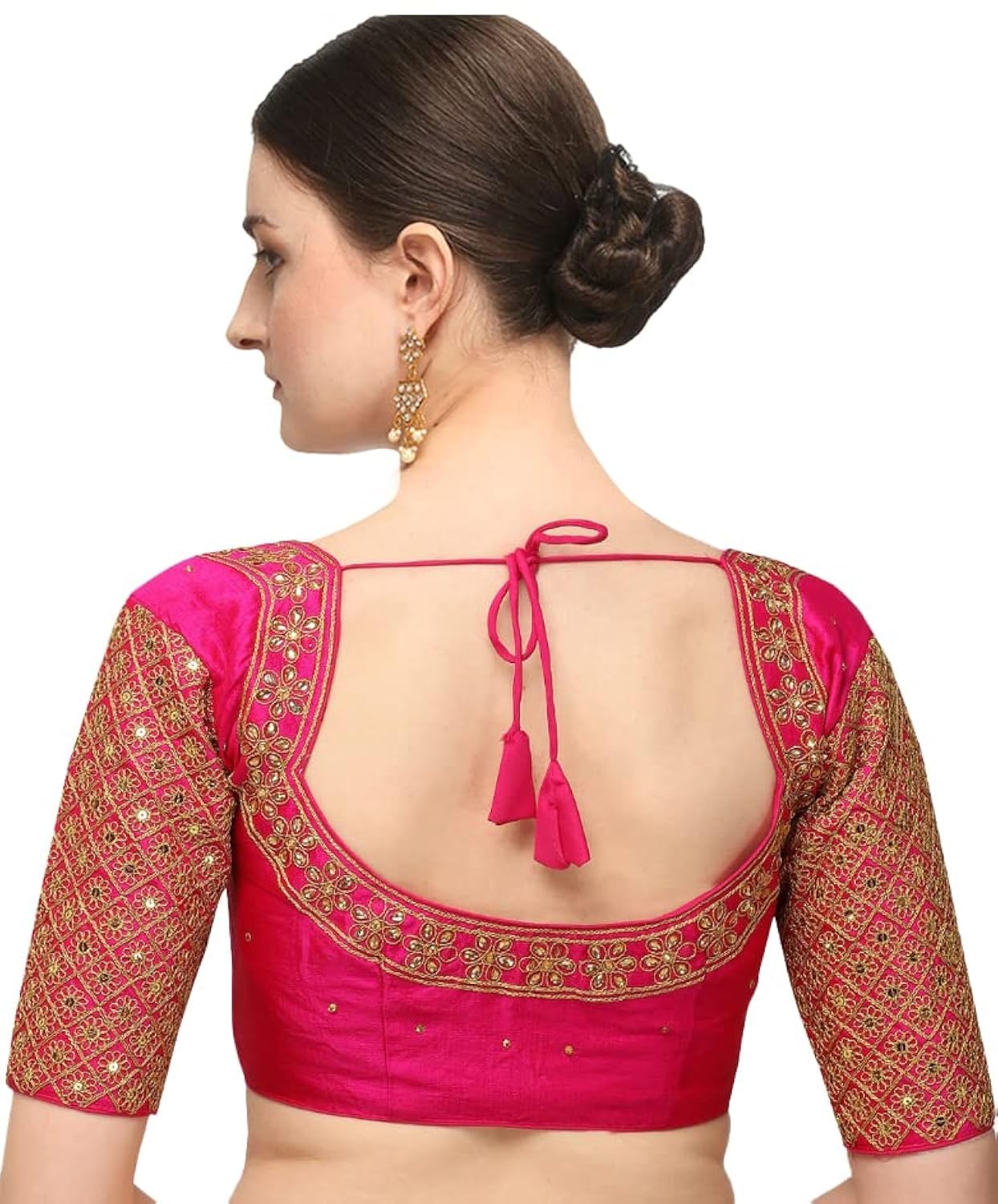 Pujia Mills Women Silk Stylish Readymade Embroidery Half Sleeve Blouse for Saree