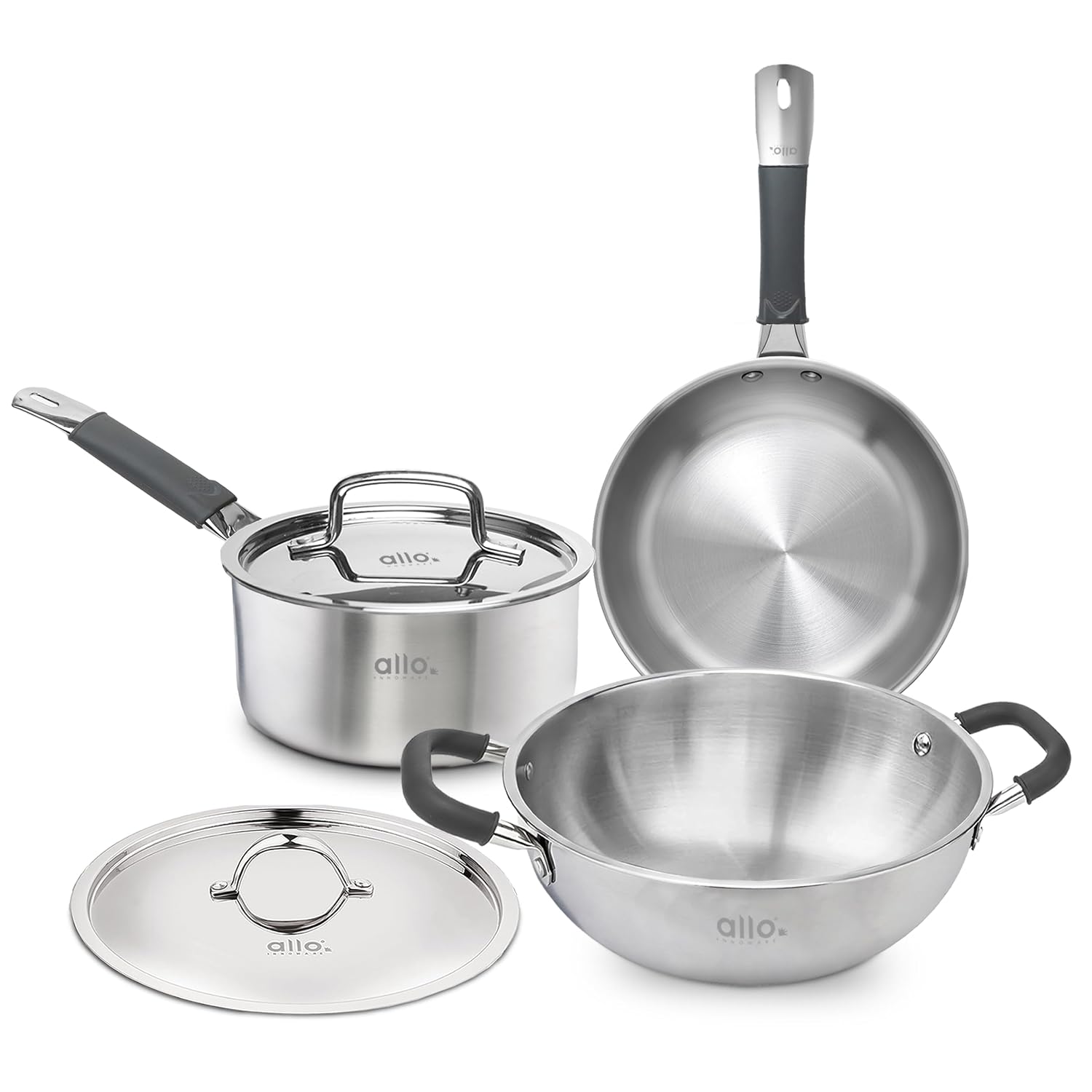Allo Stainless Steel Triply Cookware Set | Kadai with Lid (22 Cm/3 L)+ Fry Pan (22 Cm/1.5L)+ Saucepan (16 Cm/1.5L) | Perfect Cooking Combo/Stir-Fry/Deep-Fry Induction Friendly Set of 5 | Nonstick