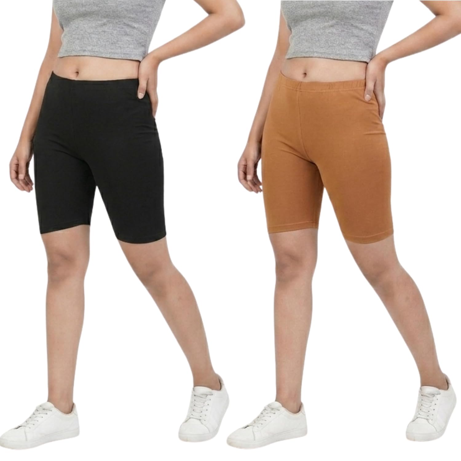 Women’s Cotton Lycra Cycling Shorts | 95% Cotton 5% Spandex | Stretchable Knee Length Tights for Gym, Yoga & Sports