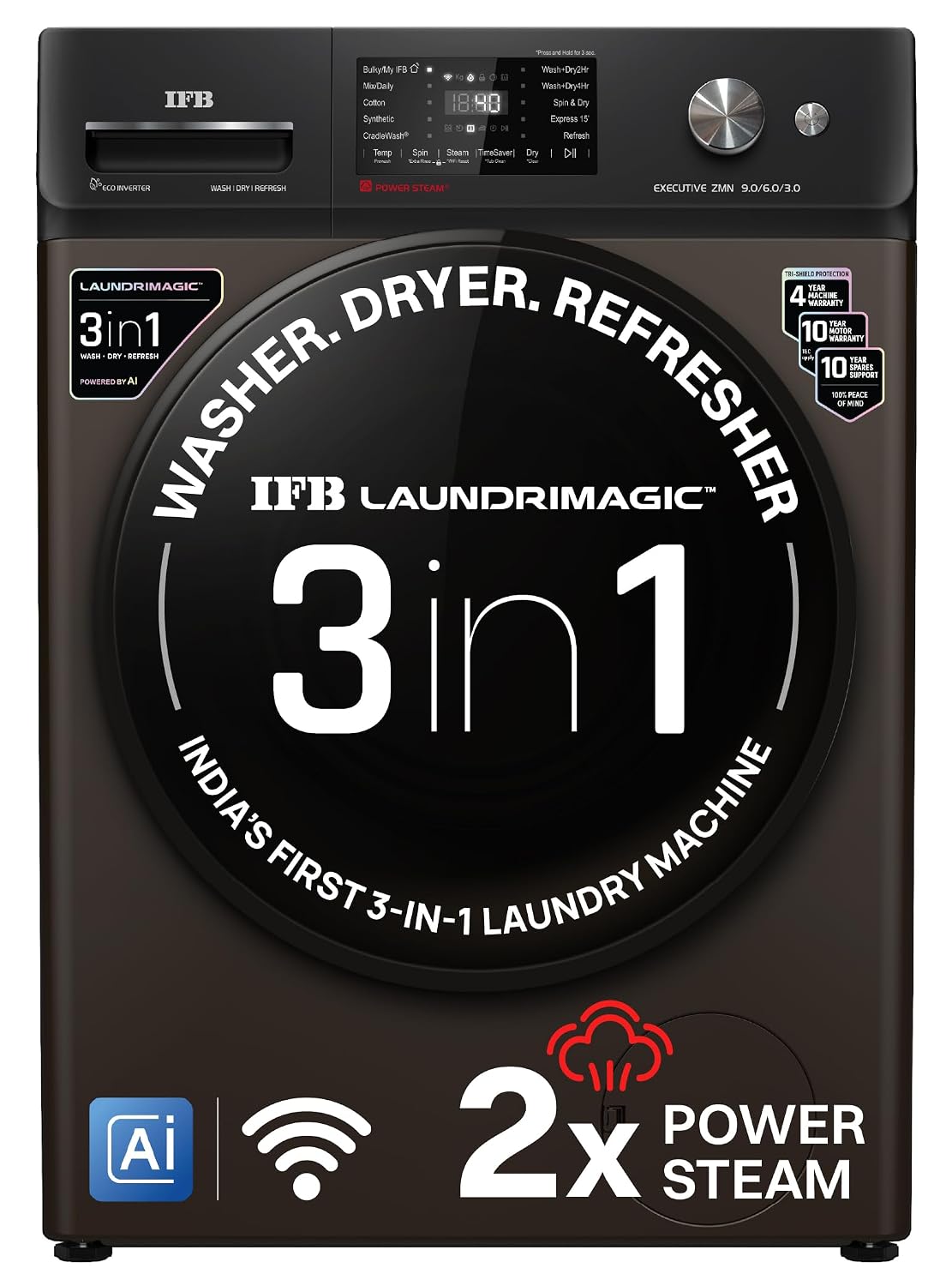 IFB 9/6/3 kg Fully Automatic Washer Dryer Refresher with Steam Refresh, AI Powered, 100% Dry Clothes, 9 Swirl Wash Mimic Handwashing, WiFi & Eco Inverter Motor (WDR Executive ZMN CMS, Mocha)