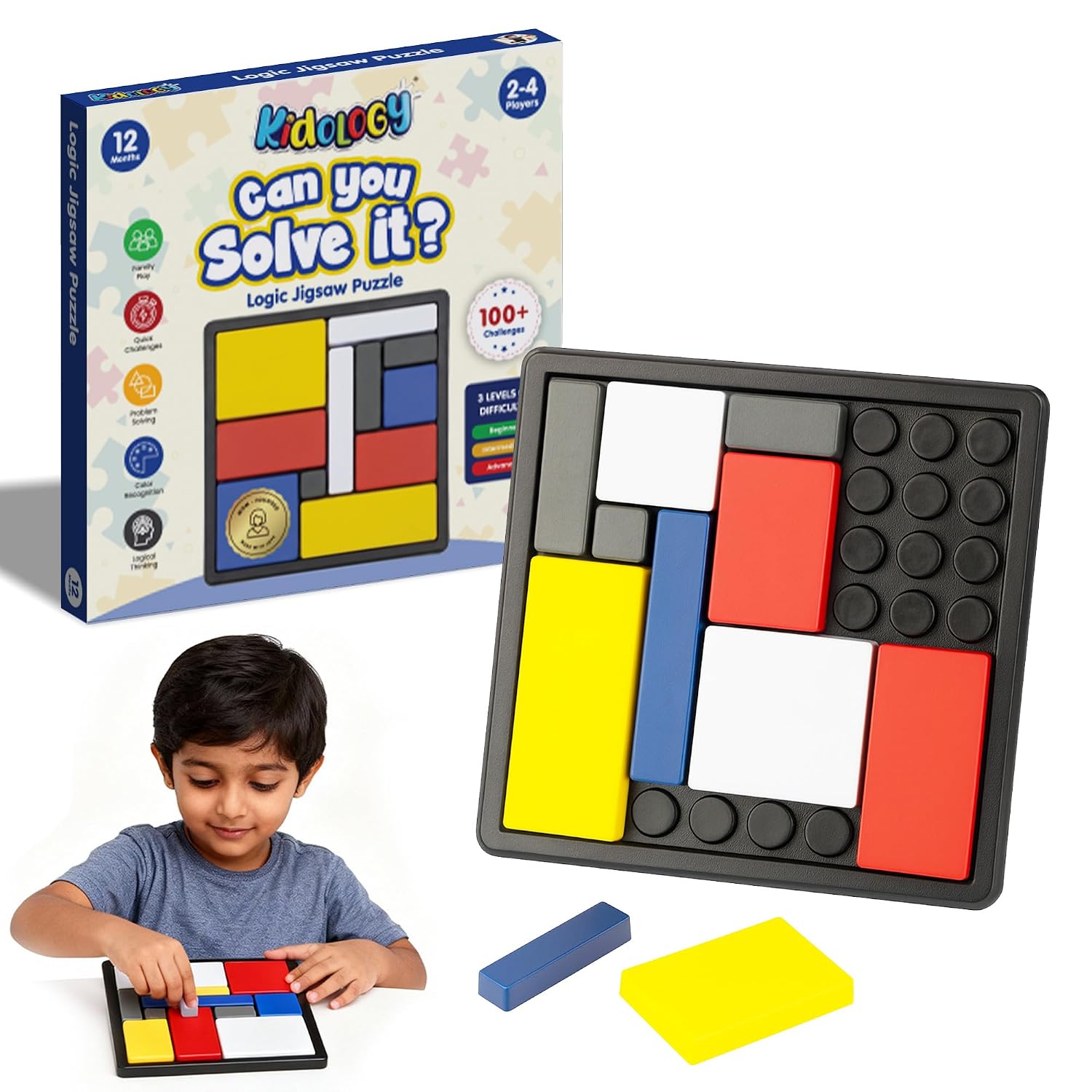 Kidology Color Block Puzzle Game for Kids & Adults | Brain Teaser | Montessori Toy for Focus, Patience, Problem-Solving & Learning Game -88 Challenge Cards, 4 Difficulty Levels, STEM Education