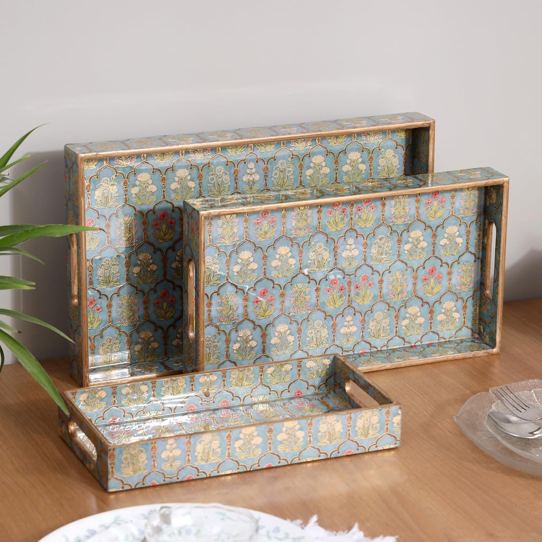 Set of 3 Waterproof Wooden Trays – Traditional Jharoka and Flower Motif Design, Multipurpose Lacquer Coated MDF Serving Trays (16×10, 14×8, 12×6 Inches)(Set3NonWP- FloralJharoka)