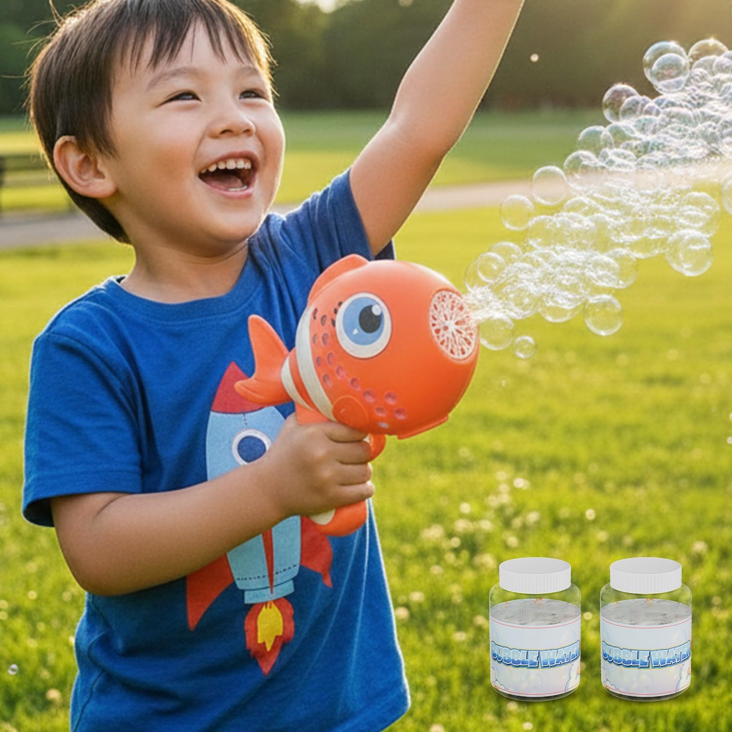 Lifelong Cuppy Rechargeable Clown Fish Automatic Bubble Gun Toy for Kids with Lights, Electric Bubble Machine, 2 Bubble Solutions, Long Fun Time, Type C Charging (Orange, LLCFBG01)