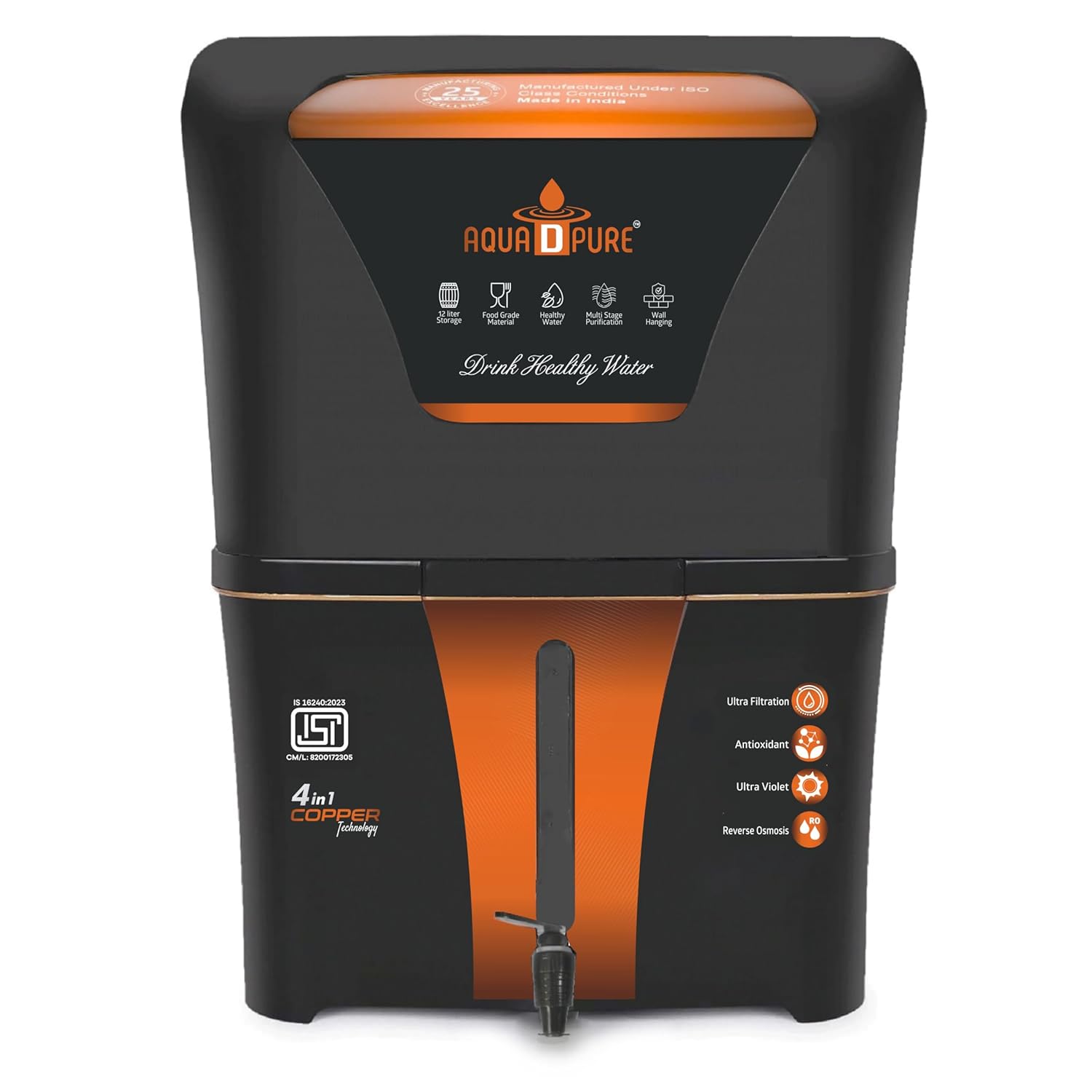 AQUA D PURE 4 in 1 Copper RO Water Purifier with 10 Stage Purification Filtration, UV, UF, TDS Adjuster and 12 Liter Large Storage Tank, Suitable for all type of water supply.