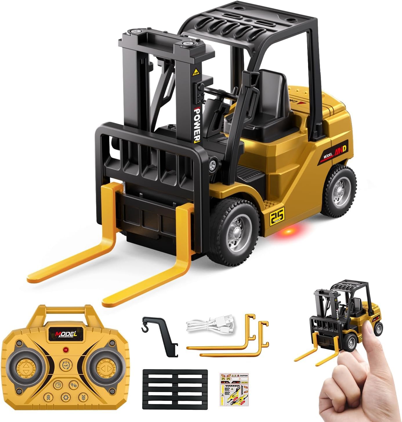 PLUSPOINT 1/64 RC Forklift Toy, Remote Control Forklift Truck with Rechargeable Battery, 10 Channel 2 Modes, Transformable Lift Fork & Hook, Lights & Sounds, Construction Toy Gift for Kids Boys