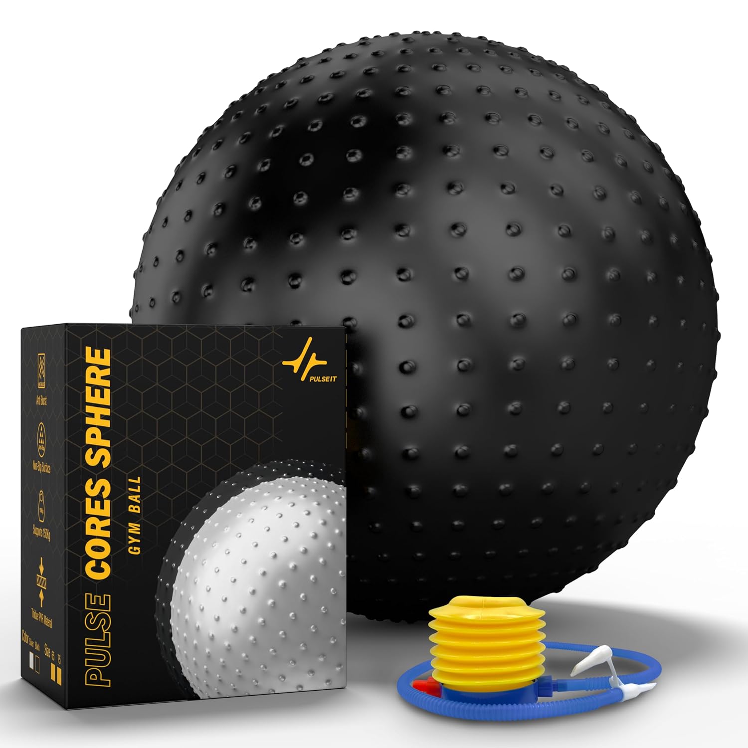 PULSEIT FlexSphere Anti-Burst Spiky Gym Ball with Foot Pump Exercise Stability Ball for Yoga, Pilates, Balance Training, Core Strength, Home & Office Fitness for Men & Women (65cm-Black)