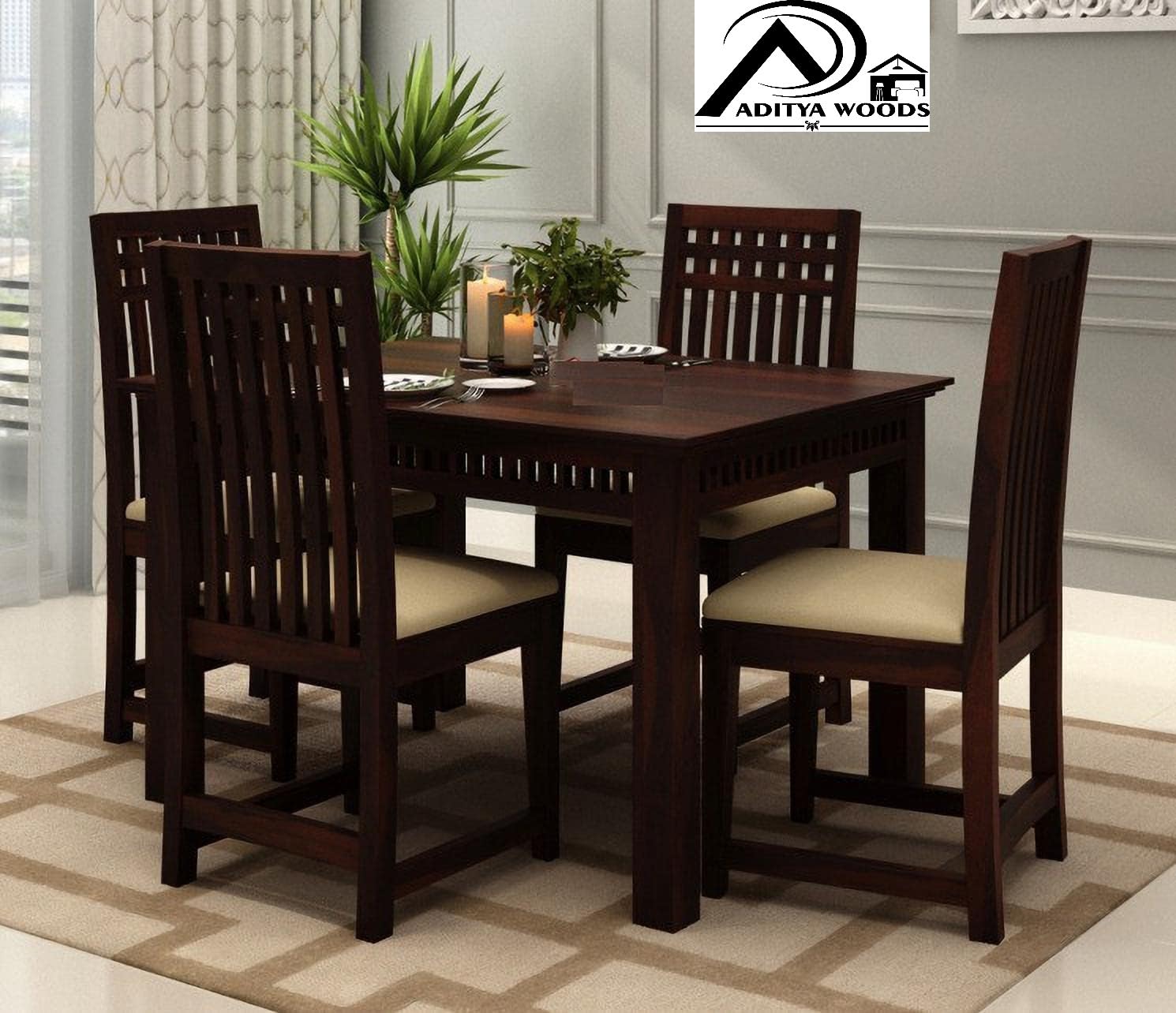AADITYA WOODS Solid Sheesham Wood Four Seater Dining Table Set with 4 Chairs for Living Room Home Wooden 4 Seater Dining Set for Office Restaurant Modern Dining Room Set- Walnut & Beige