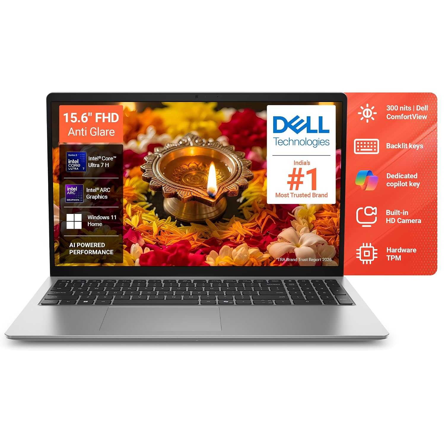 Dell 15 Ai Powered Laptop, Intel Core Ultra 7 255H, 16GB DDR5 RAM, 512GB SSD, 15.6″ FHD Anti-Glare Display, Intel Arc Graphics, Backlit Keyboard, Dedicated Copilot Key, Silver, Win11 Home + MSO H&S’24