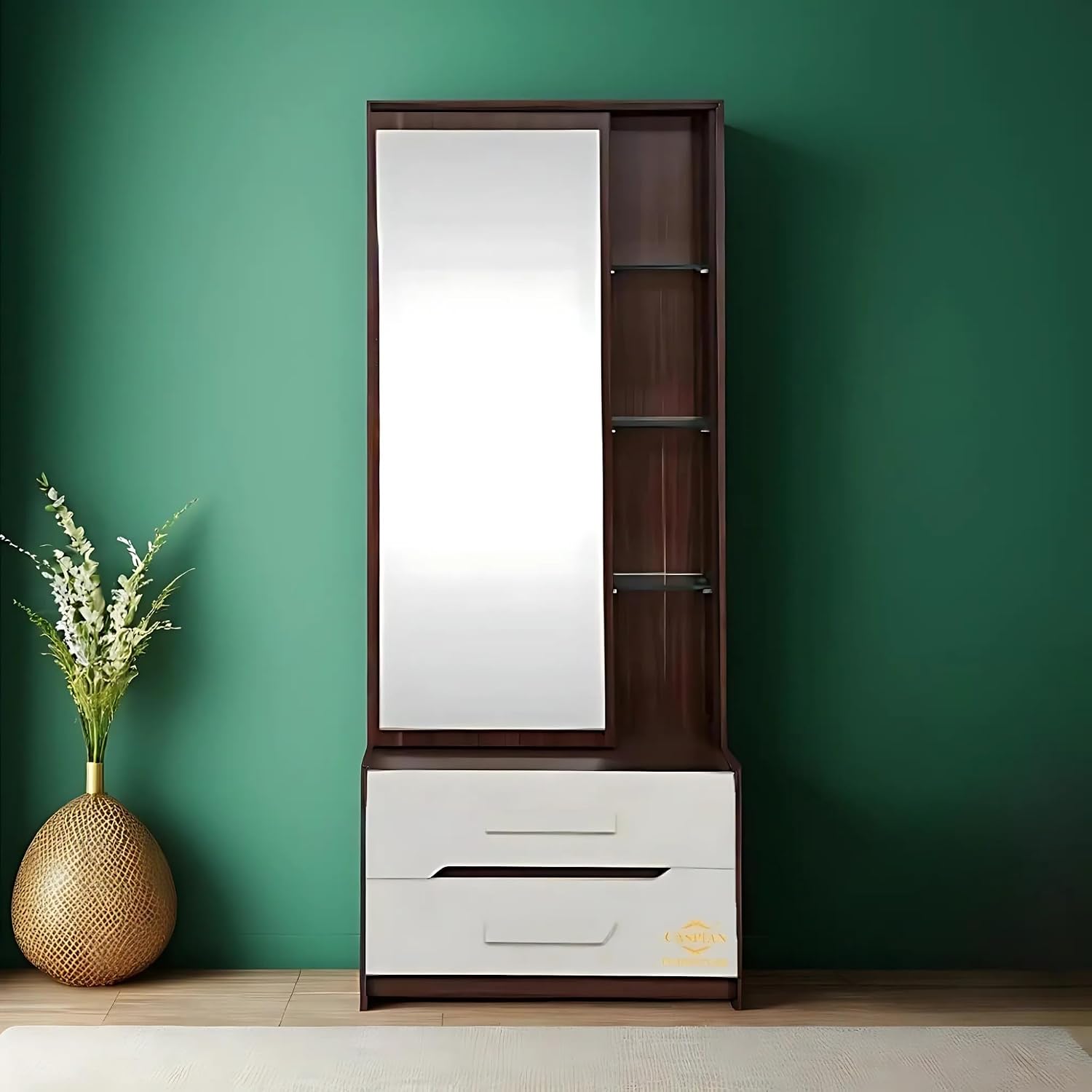 CASPIAN Engineered Wood Single Door Wooden Vanity Dressing Table (Brown & White) | Pre-Assembled Furniture with Mirror | Makeup & Accessories Storage Organizer with 4 Shelves & 2 Drawer