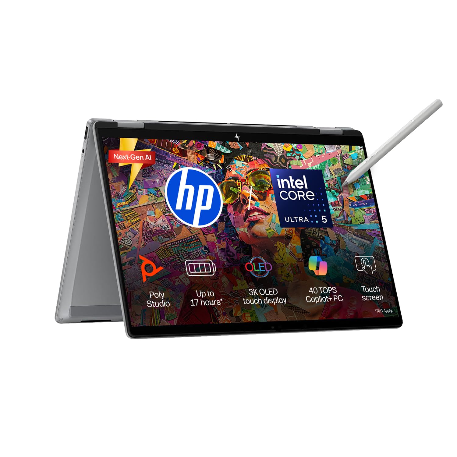 HP OmniBook X Flip OLED Intel Core Ultra 5 226V, 40 Tops (16GB LPDDR5x,1TB SSD) 3K, Touch, 120hz, 14”/35.6cm, Intel ARC Graphic,Win11, Office24, Meteor Silver, 1.38kg, fm0099TU,Pen, 2 in 1 AI Laptop