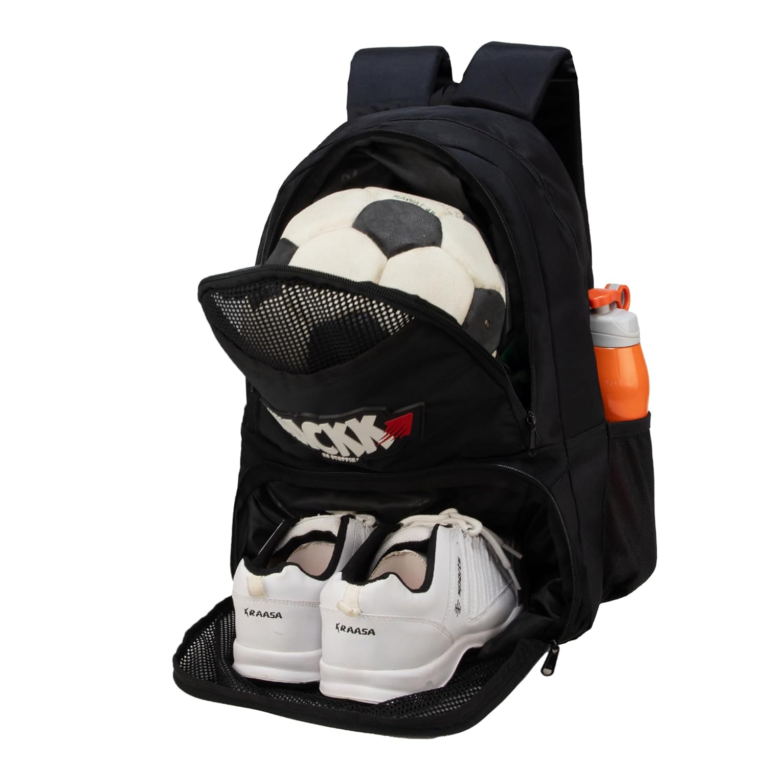 WHACKK Strike 32L Black Football Backpack | Separate Shoe & Dedicated Ball Compartments | Dual Bottle Holders, Utility Pocket | Sports Kit Bag for Training, Gym & Match Day