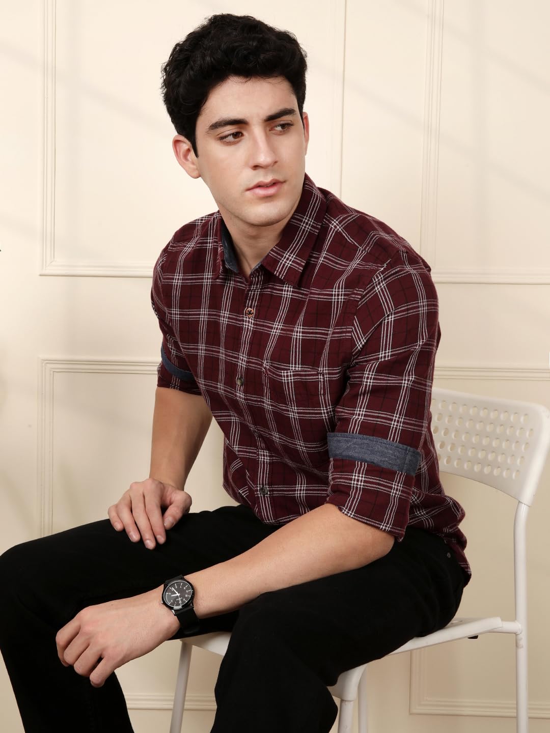 WROGN Men’s Pure Cotton Shirt | Yarn Dyed Checks | Slim Fit