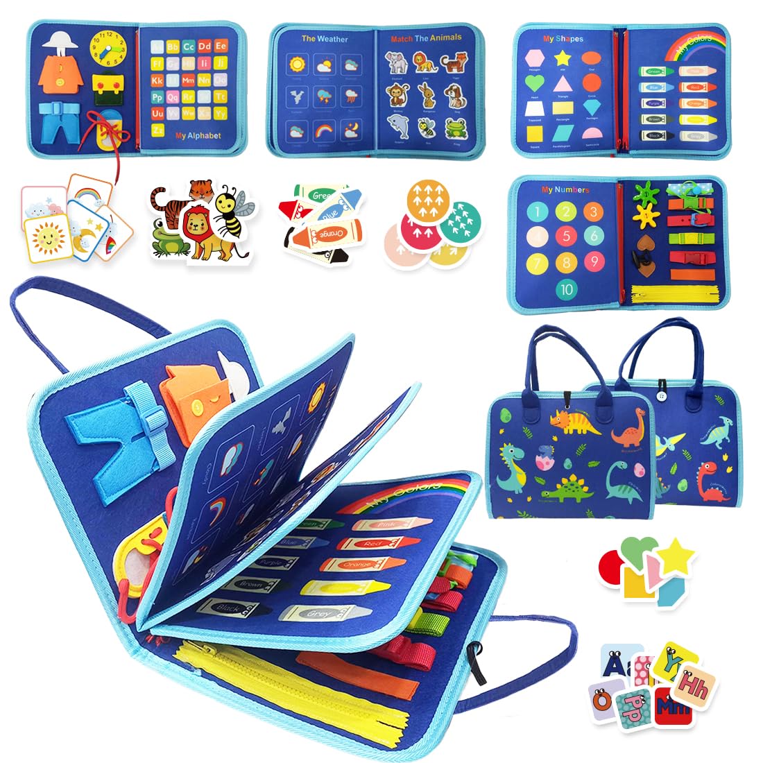 Wembley Busy Board Activity Binder Interactive Sensory Educational Toy for Toddlers Supports Fine Motor Skills & Creativity with Activities for Kids Soft Felt Busy Binder Birthday Gift,Dino,Multicolor