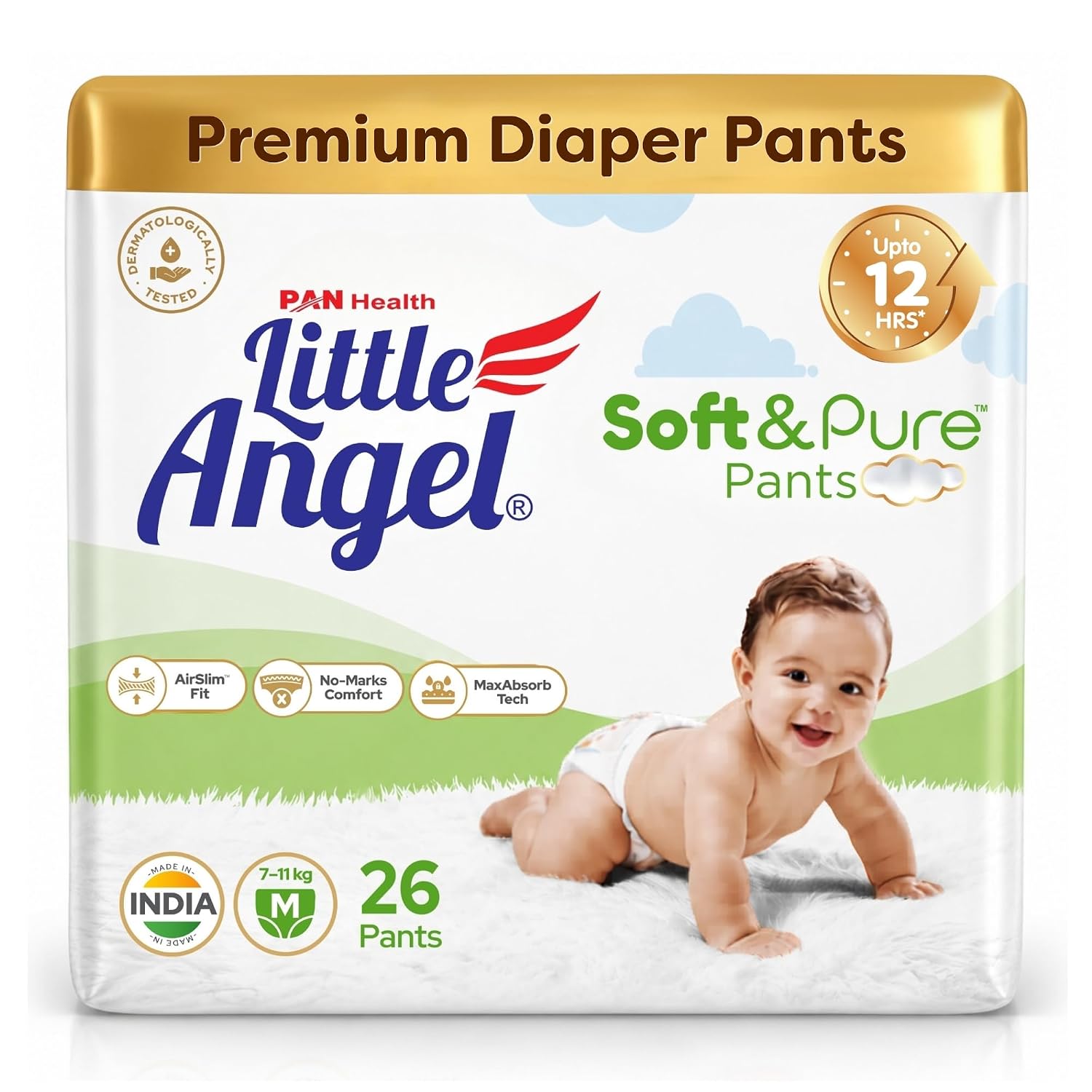 Little Angel Soft & Pure Premium Baby Diaper Pants | Medium (M) – 26 Count (7-12 Kgs) | With BreathableAir Layers for Rash-Free Comfort, Lightweight AirSlim Fit, No-Marks Soft Waistband, MaxAbsorb Dry Protection & Calendula Extracts for Baby’s Soft Delicate Skin