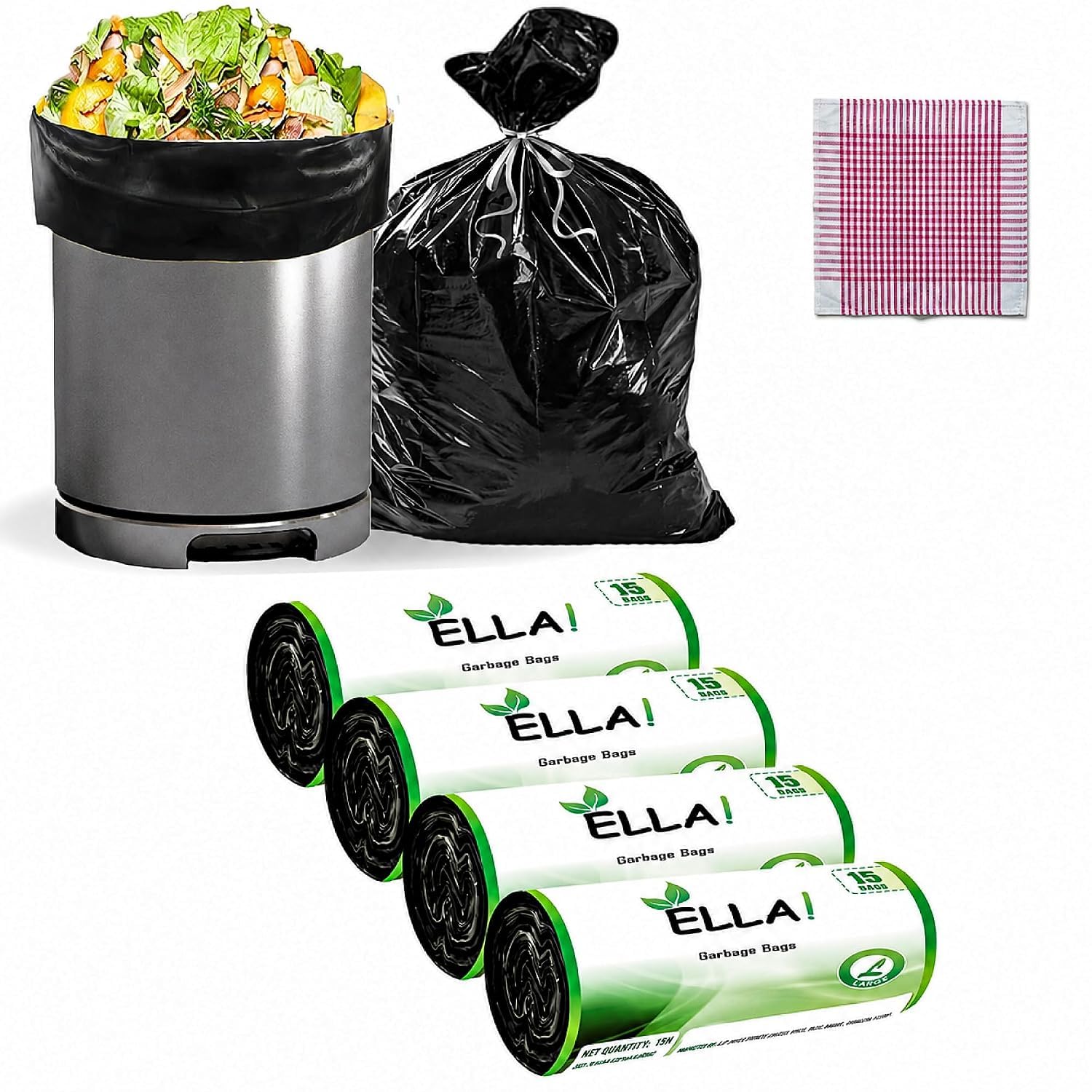 Ella Garbage Bags 24×32 Inches Large 60 Bags 4 Rolls | Leak Proof & Tear Resistant Trash Bags for Kitchen Home & Commercial Use | Dustbin Bags For Dry & Wet Waste With Free Check Duster Cloth-Black