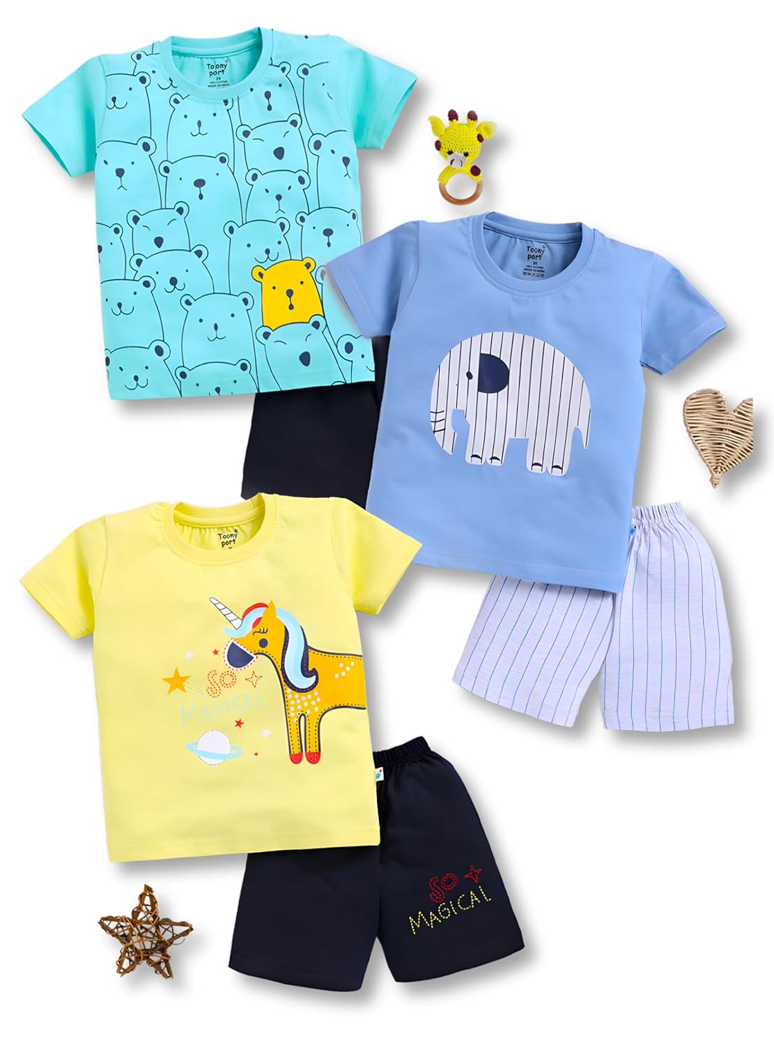Toonyport Boys Summer 3 Packs Of T-shirts and Shorts Combo Set (Multicolors)