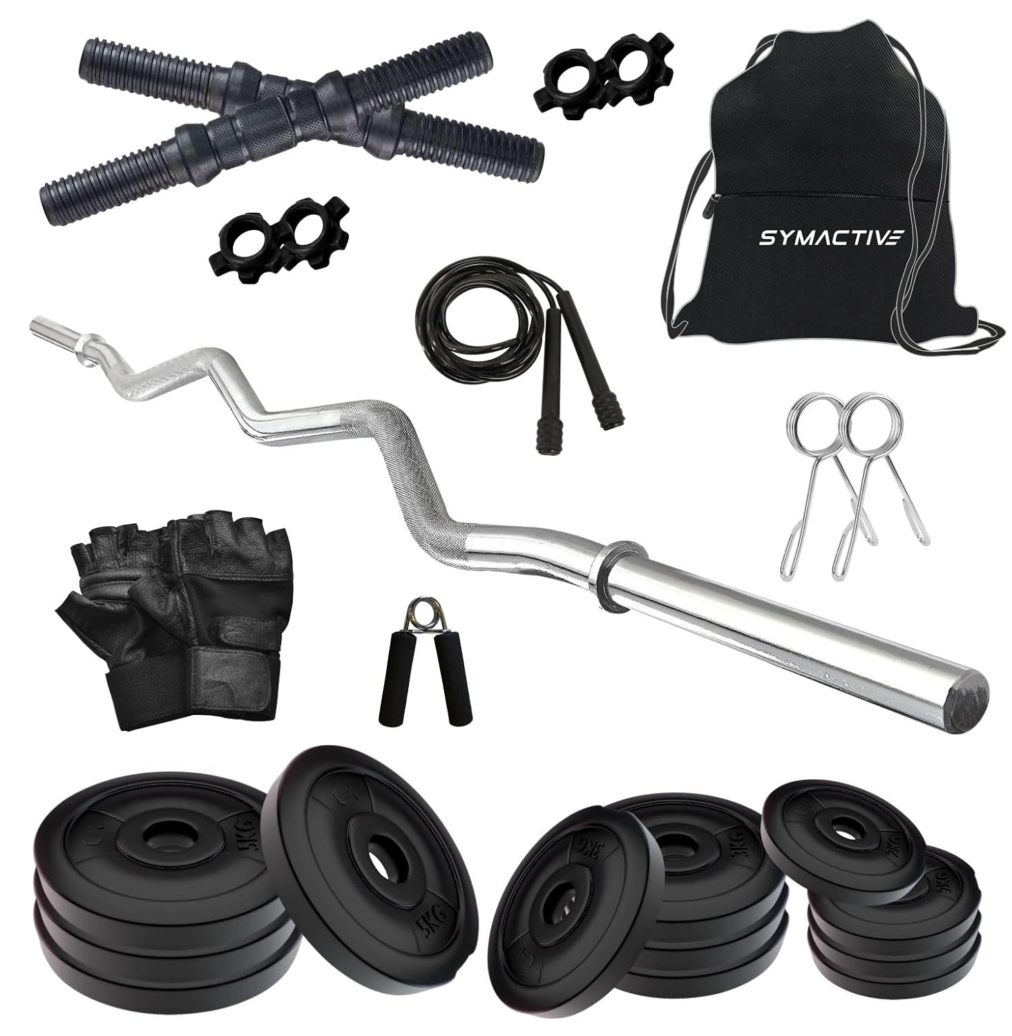 Amazon Brand – Symactive 40 KG PVC Home Gym Set with Accessories & Gym Bag (40 Kg Weight, 3 Ft Curl Rod, 14” Dumbbell Rods Pair, 4 Locks/Clippers, Skipping Rope, Gloves, Gripper, Bag)