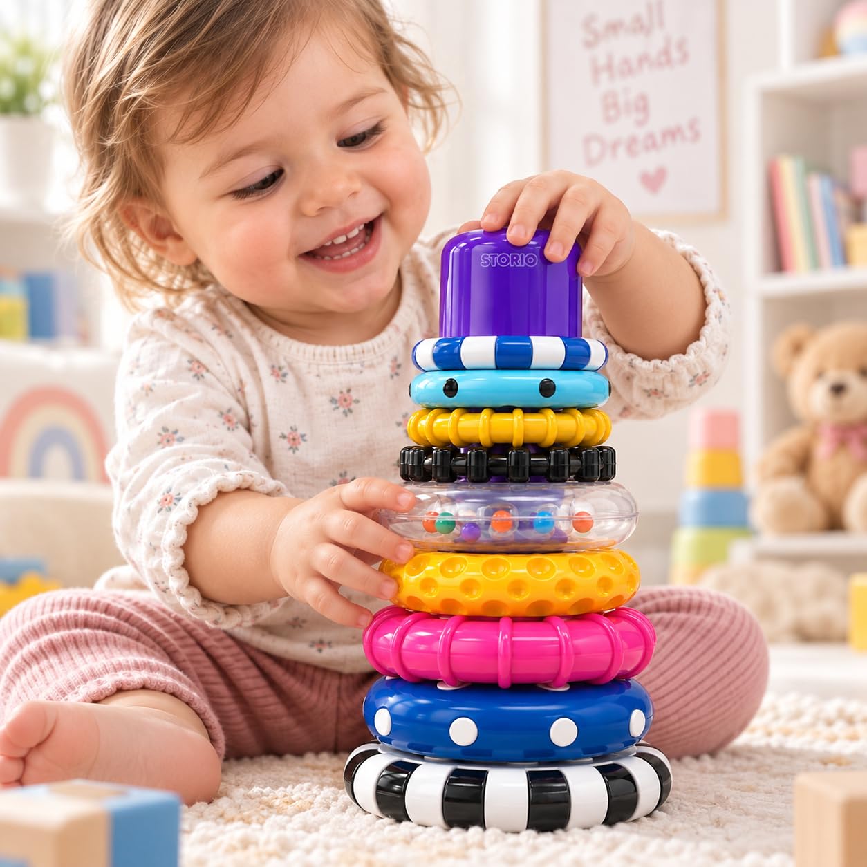 Storio Stacks of Circles Stacking Ring Toy for Babies 6+ Months | 9-Piece Multi-Color STEM Learning | Educational Baby Toy for Fine Motor Skills | Textured Rings with Sound Beads | Montessori Learning