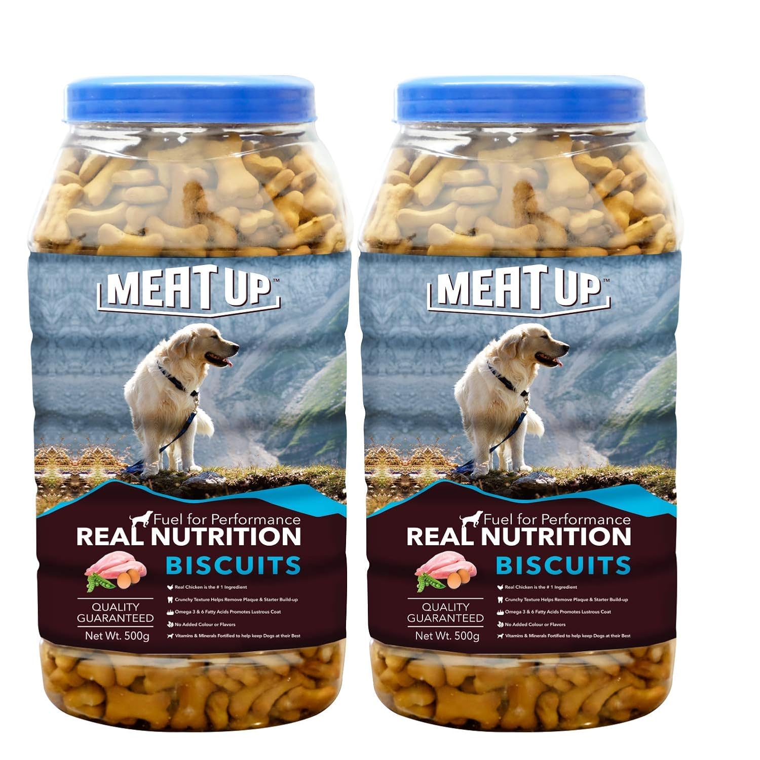 Meat Up Dog Treats Biscuits (2 x 500g) Total 1kg | Real Chicken Flavour | Promotes Lustrous Coat | Remove Plaque and Tartar