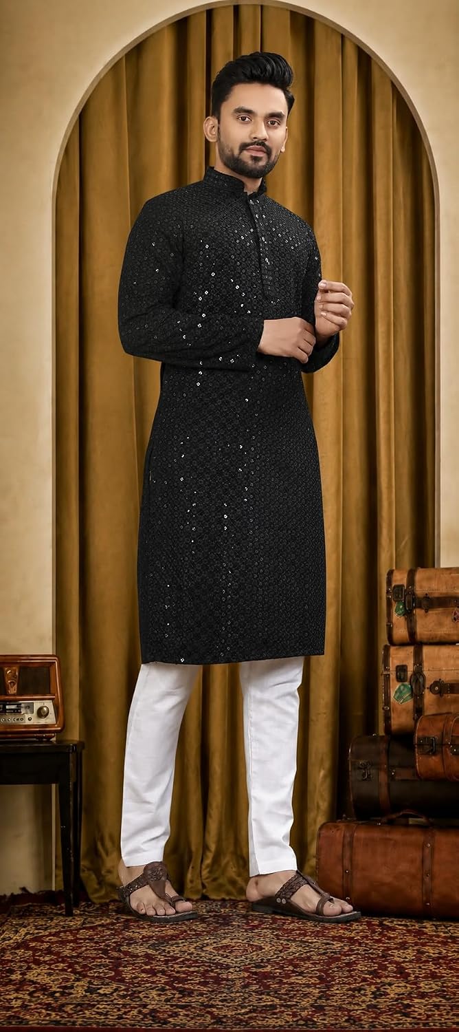 Men’s Lakhnawi Chikankari Cotton Blend Ethnic Wear Kurta for Men Knee Length Embroidered Kurta Mandarin Collar Full Sleeve Wedding Festive Party