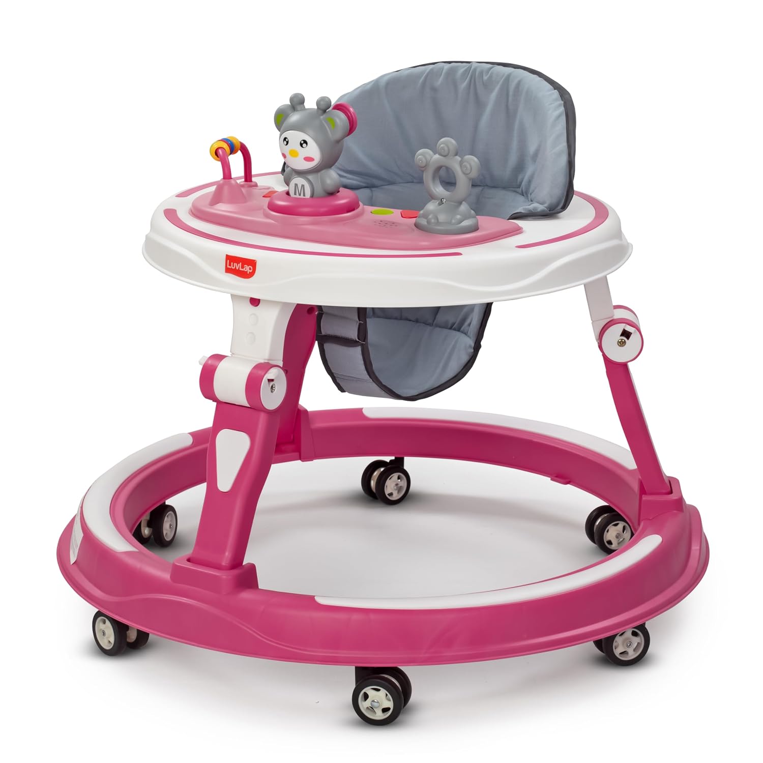 LuvLap 360° Joy Baby Walkers for 9+ Months | 3 Level Height Adjustment Walker with Switchable Food & Musical Toy Tray/Advanced Baby Activity Walker for Kids, Walker for Boys & Girls, Pink
