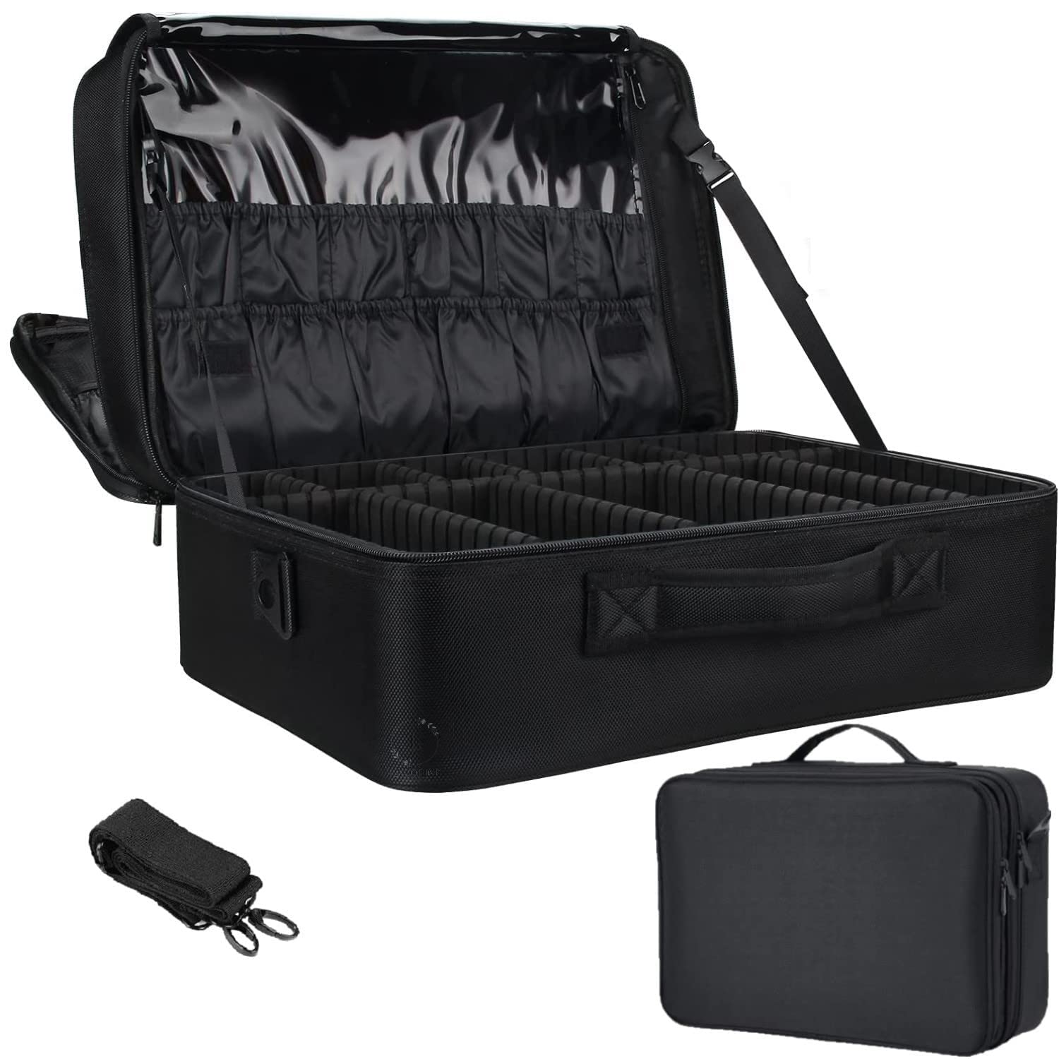 Travel Professional Makeup Cosmetic Bag For Women | Portable Artist Storage Makeup Brush Bag With Adjustable Dividers (Black, 18 Inch (2 Layer))