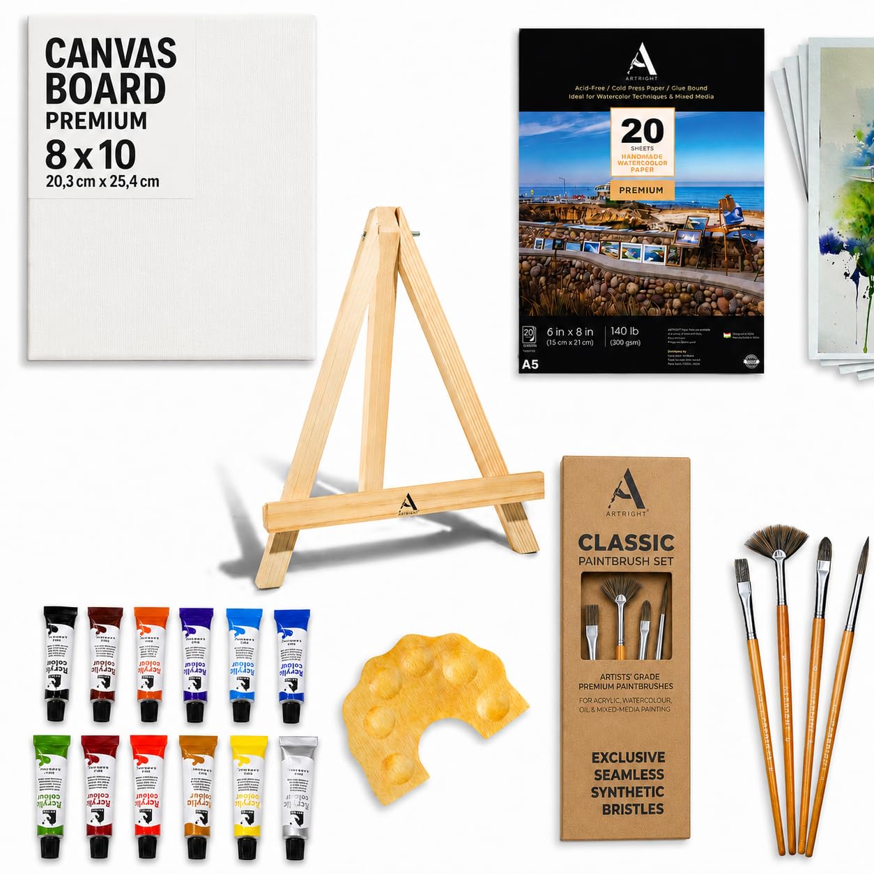 ArtRight 39 Pcs Painting Kit for Beginners & Kids with 4 Paint Brushes – Mini Wooden Easel with Canvas – 20 A5 Watercolor Papers – Mini Painting Palette – Artists Color Set of 12