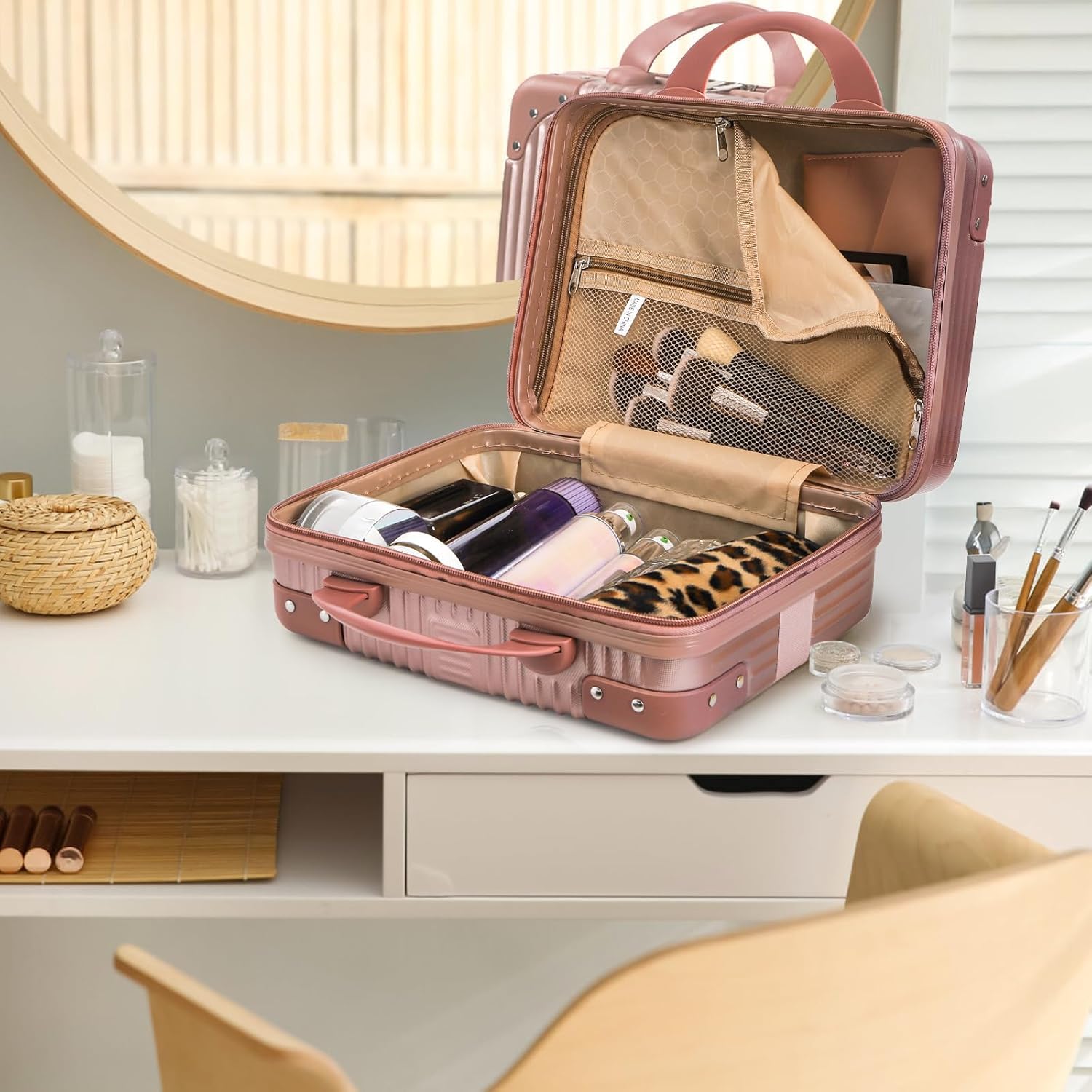 ABS Hard Shell Cosmetic Travel Hand Luggage Portable Carrying Makeup Case Suitcase Organizer Box Vanity Mini Suitcase Small Accessory Bag, 30 cm, No Wheels (Rose Gold)