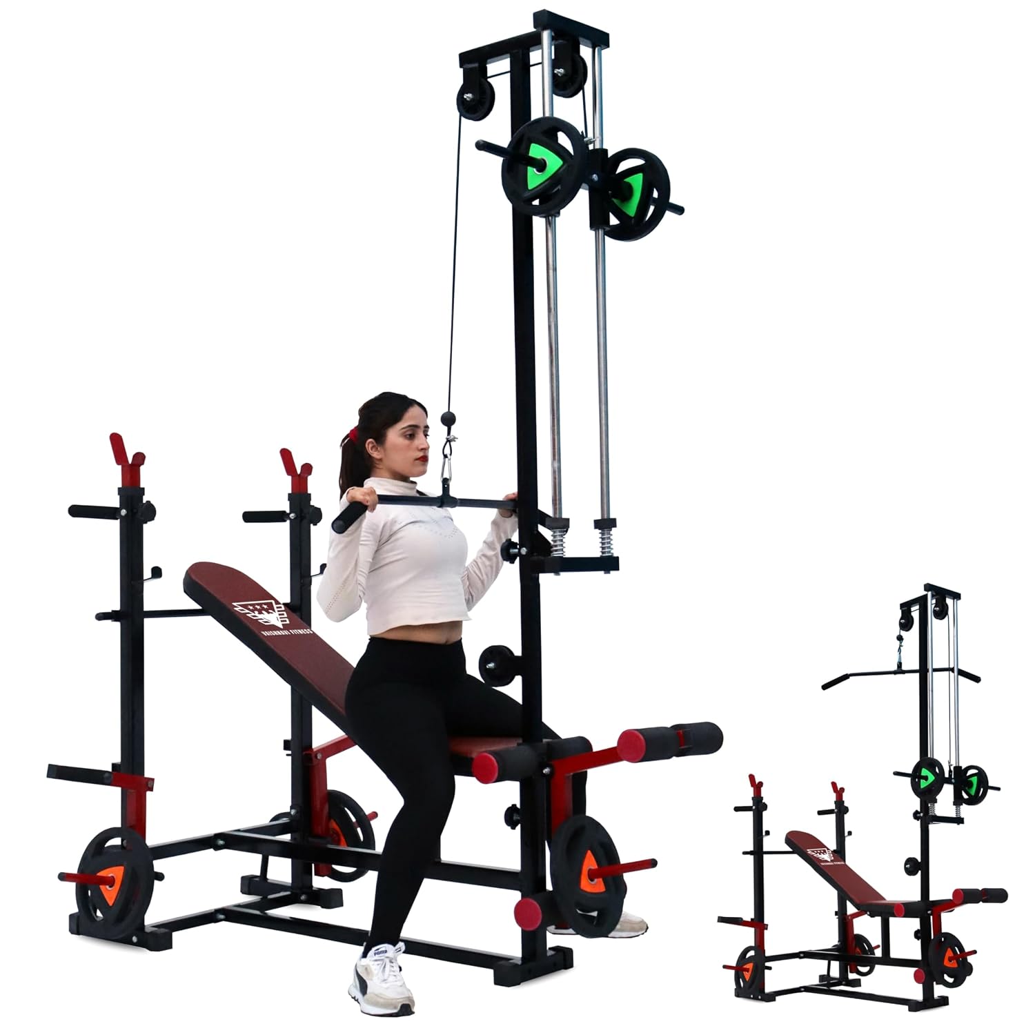 20-in-1 Multipurpose Gym Bench Press Station for Home Gym | Full-Body Workout with LAT Pulldown, Leg Curl, Dip Bar & Adjustable Angles | Heavy-Duty Iron Frame, Red & Black