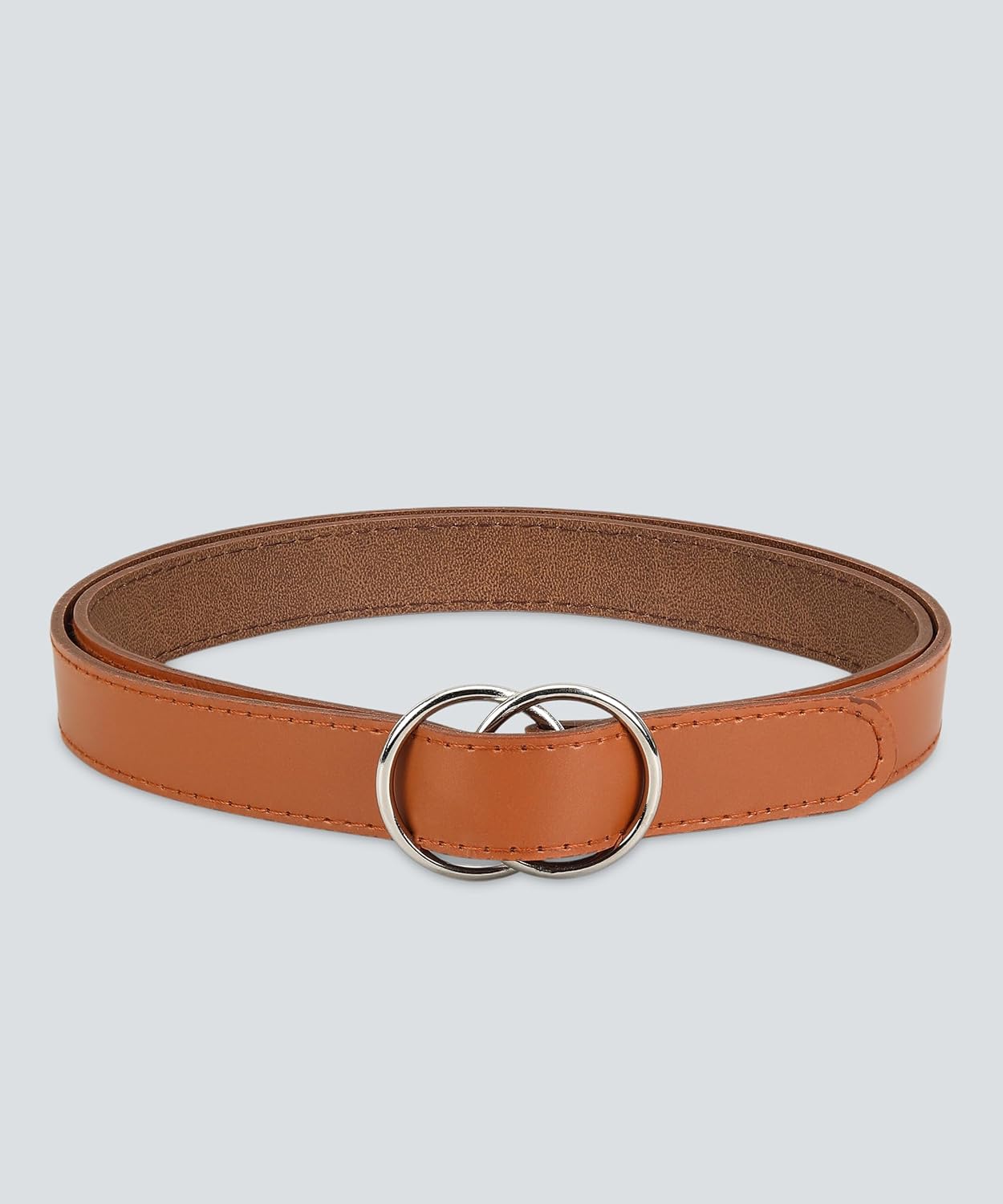 Women’s Belt with Double Ring Buckle, Faux Leather, Black Brown Beige, 3 Pack