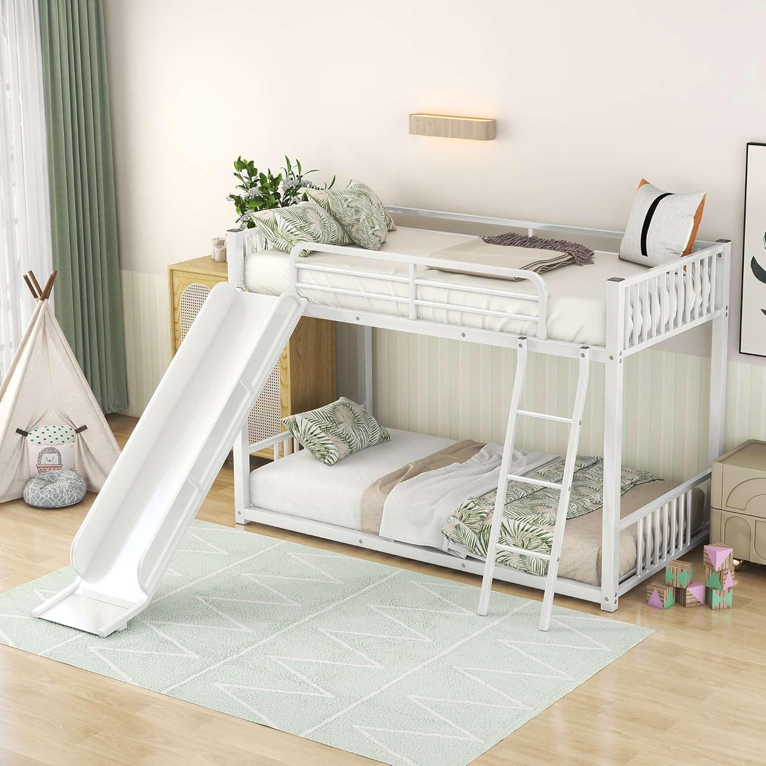 Metal Bunk Bed Frame for Kids | Twin Over Twin Metal Bunk Bed with Slide for Bedroom Living Room Home (White)