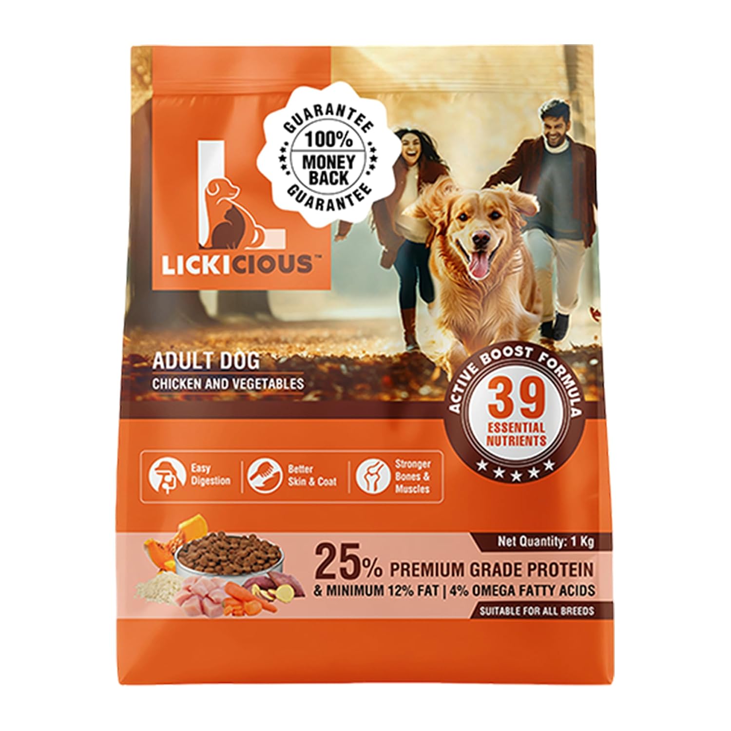 LICKICIOUS Dry Dog Food Adult 1kg | High Protein Chicken, Rice, Vegetables | 39 Essential Nutrients | Healthy Skin Shiny Coat, Strong Bones & Muscles| Complete Balanced Pure Pet Food for Pedigree Dogs