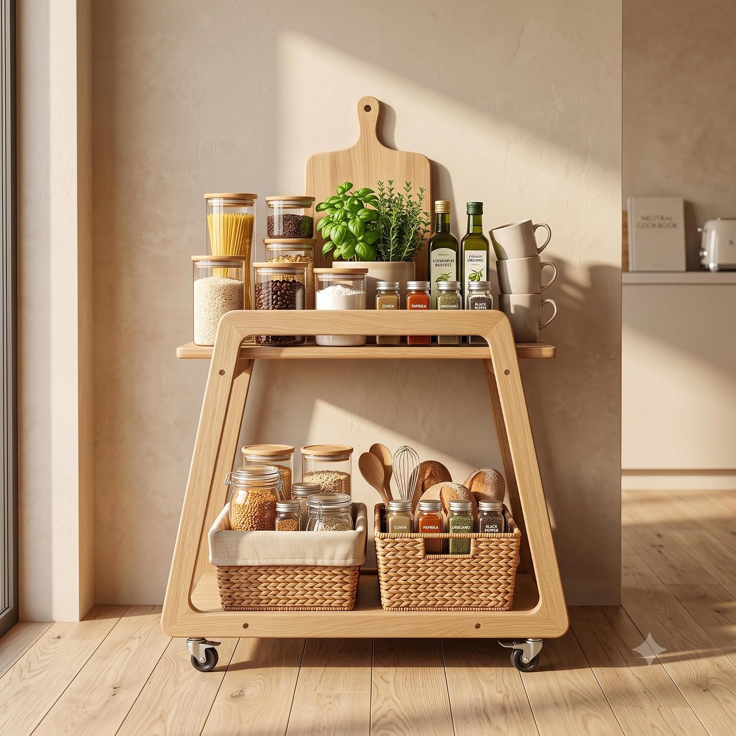 Multipurpose Wood Trolley Storage Organiser and Kitchen Supplies Fruits, Vegetables, Onions, Cutlery, and a Trapezoid-Shaped Kitchen Storage Rack with 2 Layers Narural Color